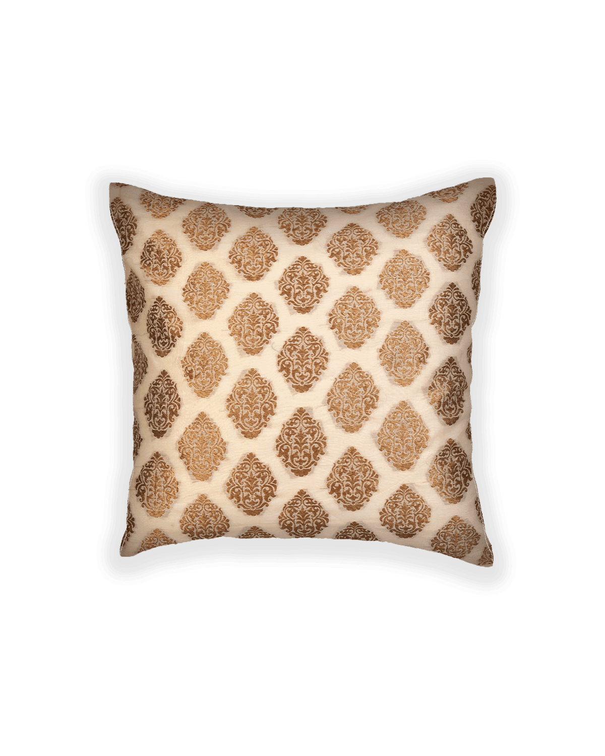 Cream Brocade Woven Cotton Silk Cushion Cover 16" - By HolyWeaves, Benares