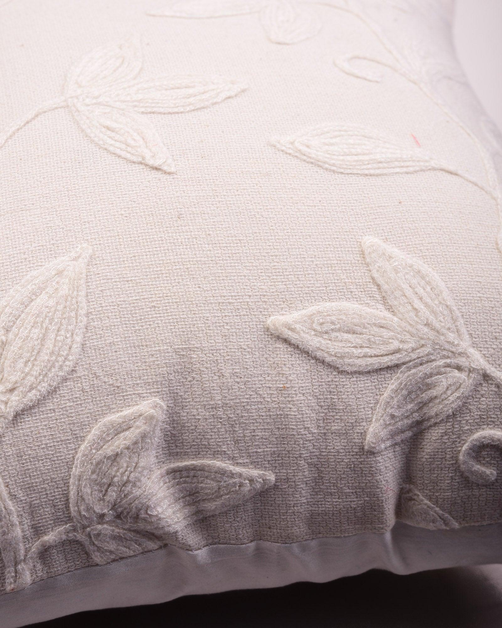 Cream Embroidered Noile Silk Cushion Cover 16" - By HolyWeaves, Benares