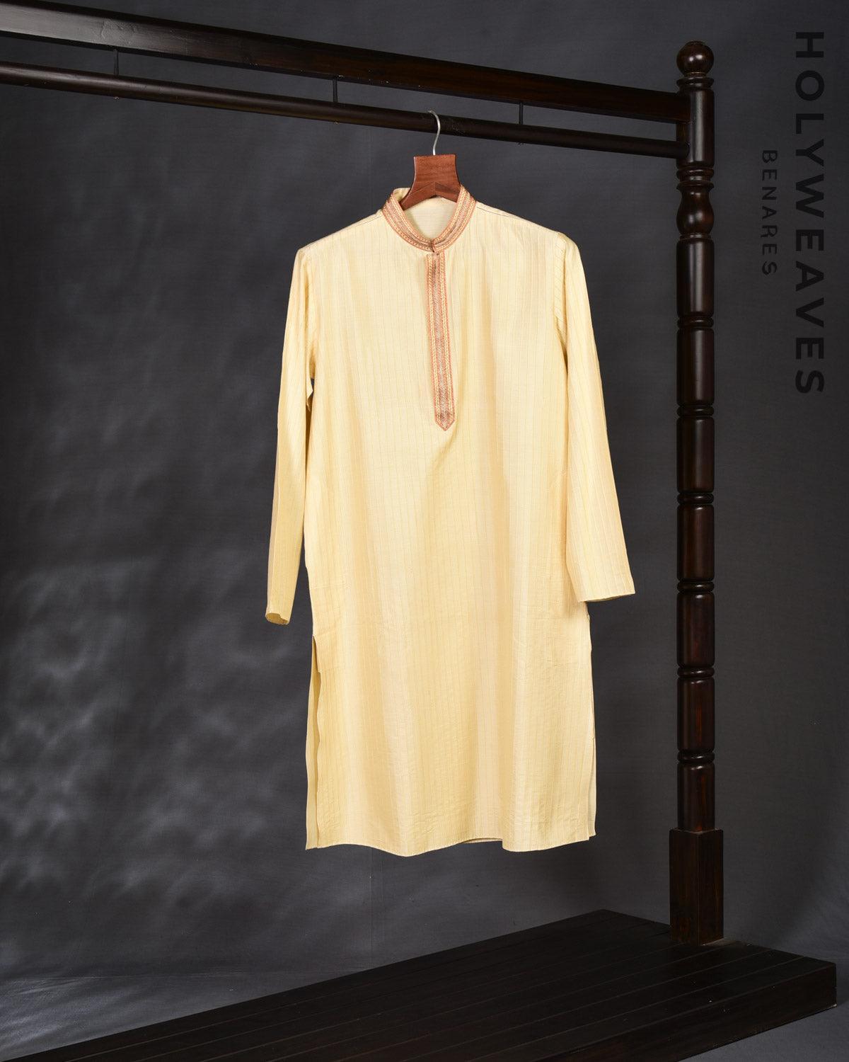 Cream Hand-embroidered Cotton Silk Mens Kurta Pyjama - By HolyWeaves, Benares