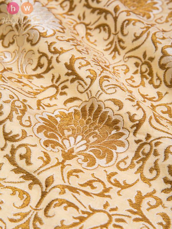 Cream Handwoven Kimkhwab Brocade Fabric - By HolyWeaves, Benares