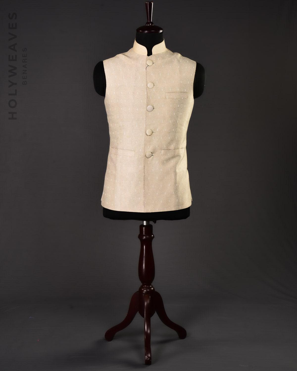 Cream Katan (कतान) Silk Brocade Slim Fit Mens Modi Jacket - By HolyWeaves, Benares