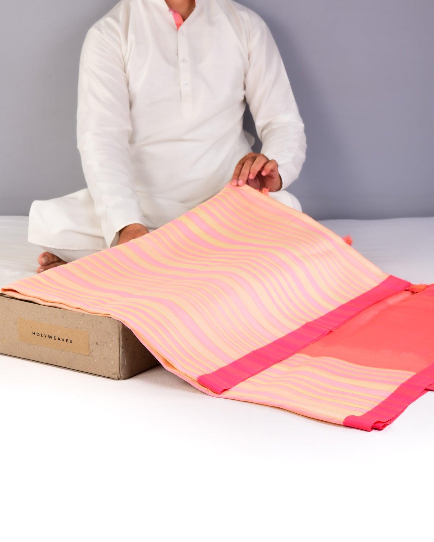 Cream Pink Banarasi Stripes Brocade Handwoven Silk Saree - By HolyWeaves, Benares