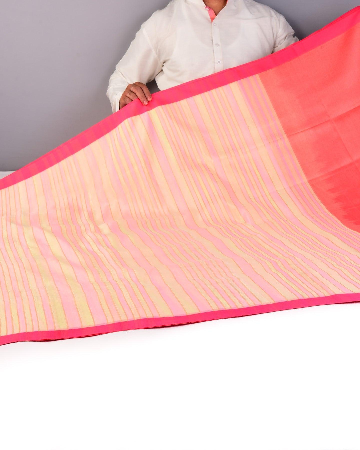 Cream Pink Banarasi Stripes Brocade Handwoven Silk Saree - By HolyWeaves, Benares