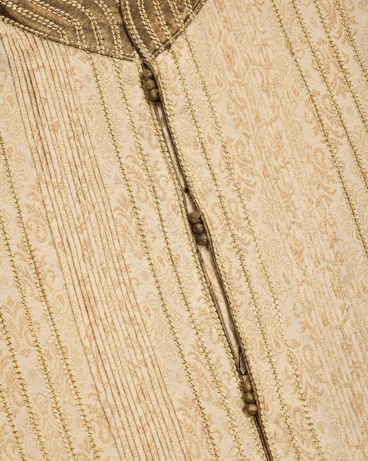 Cream Pintuck Cotton Silk Mens Kurta Pyjama with Tissue Collar - By HolyWeaves, Benares
