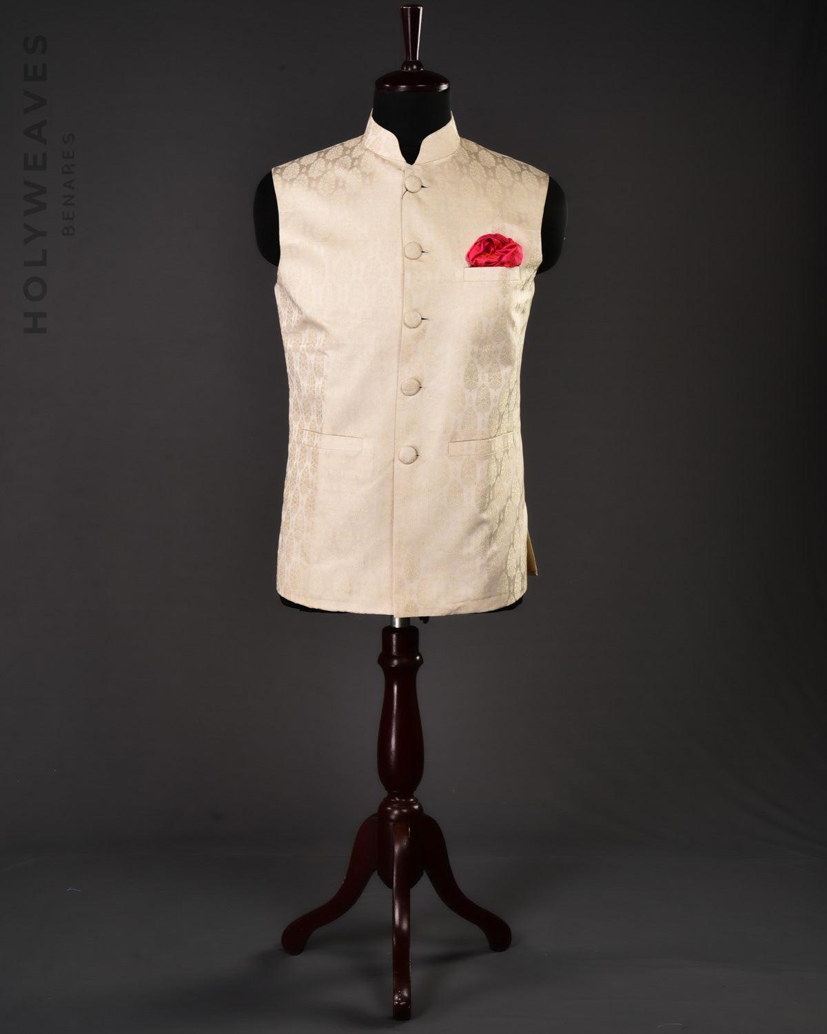 Cream Silk Tanchoi Brocade Mens Modi Jacket - By HolyWeaves, Benares