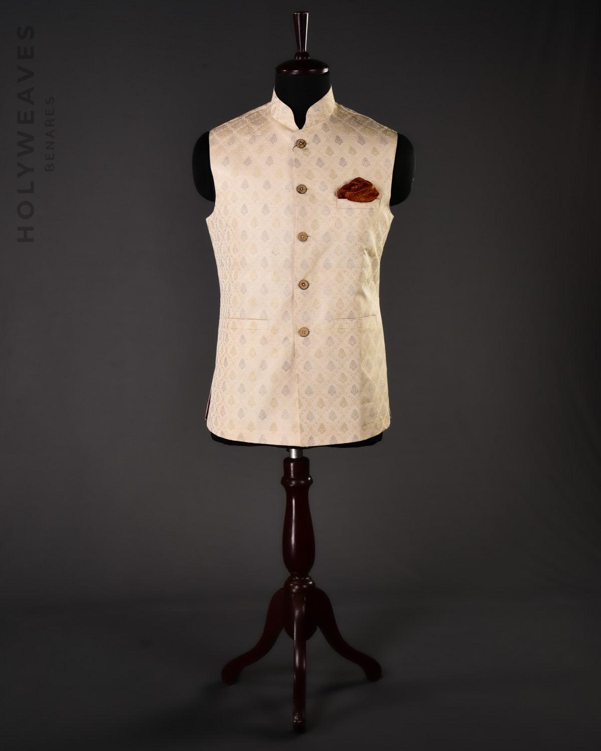 Cream Silk Tanchoi Brocade Slim Fit Mens Modi Jacket - By HolyWeaves, Benares