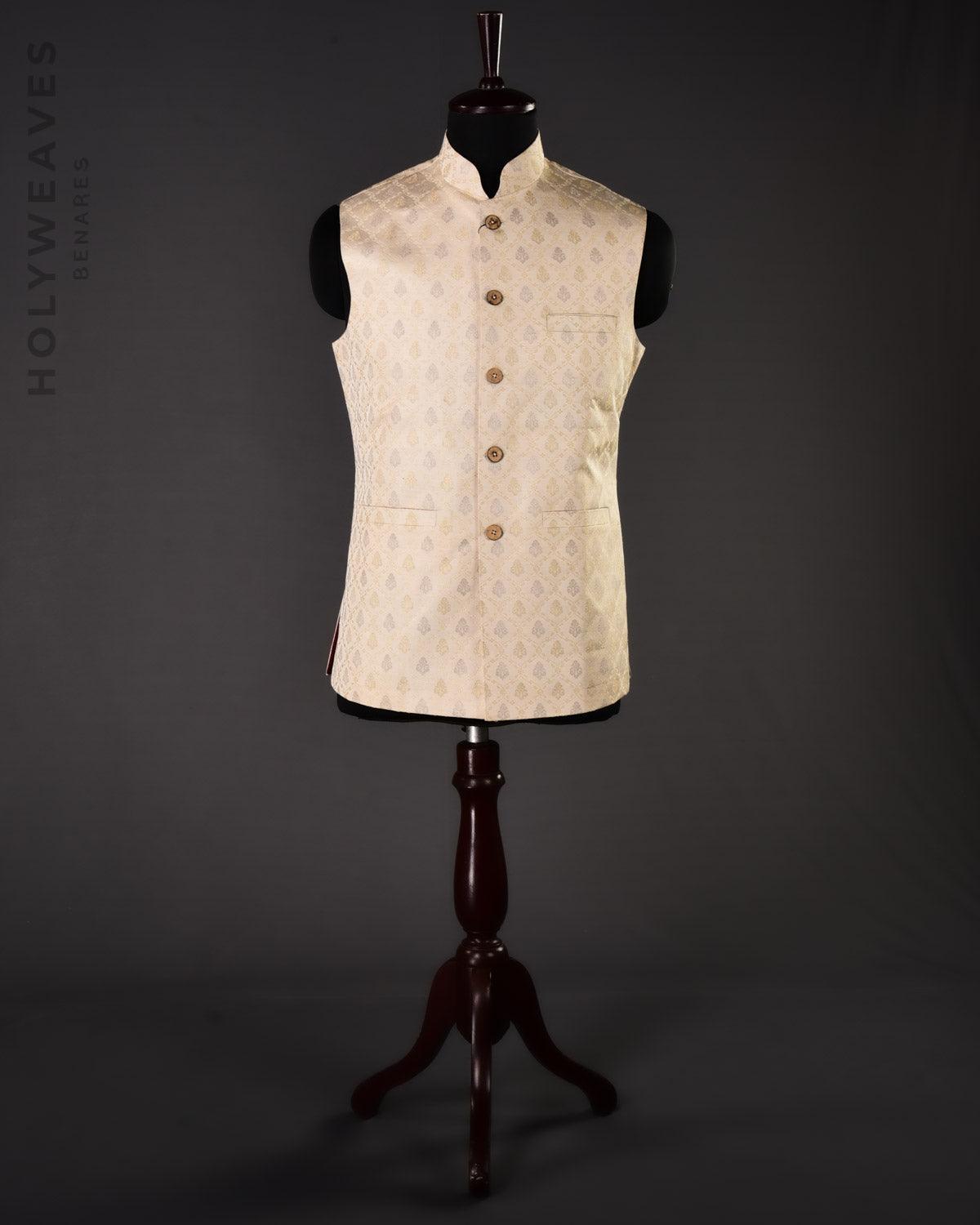 Cream Silk Tanchoi Brocade Slim Fit Mens Modi Jacket - By HolyWeaves, Benares