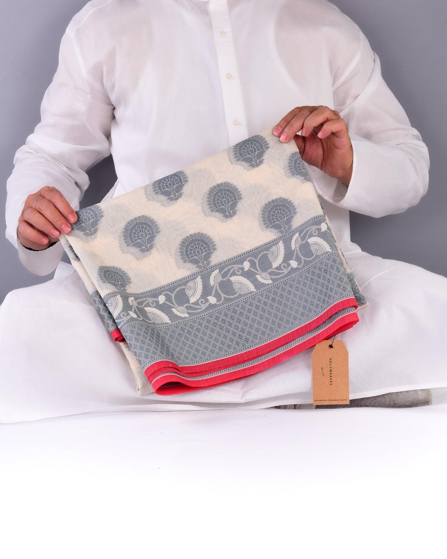 Cream with Gray Banarasi Kota Check Resham Buta Cutwork Brocade Woven Art Cotton Silk Saree - By HolyWeaves, Benares