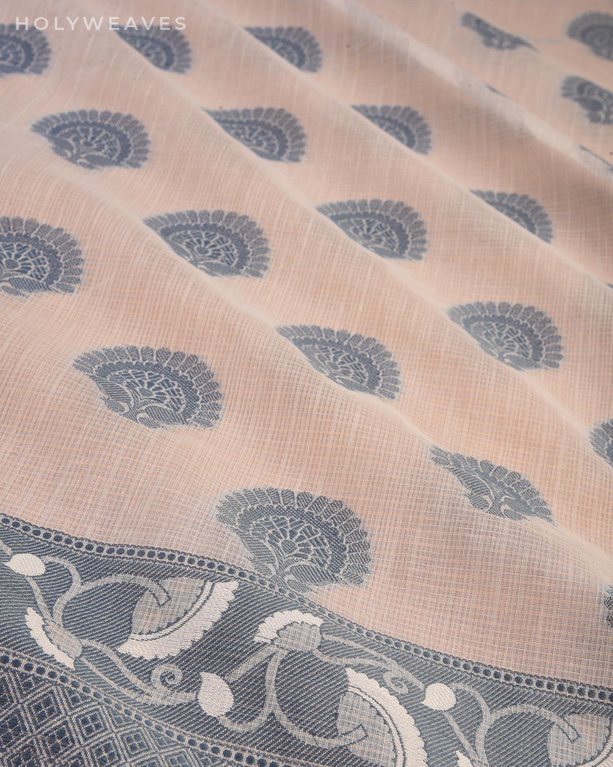 Cream with Gray Banarasi Kota Check Resham Buta Cutwork Brocade Woven Art Cotton Silk Saree - By HolyWeaves, Benares