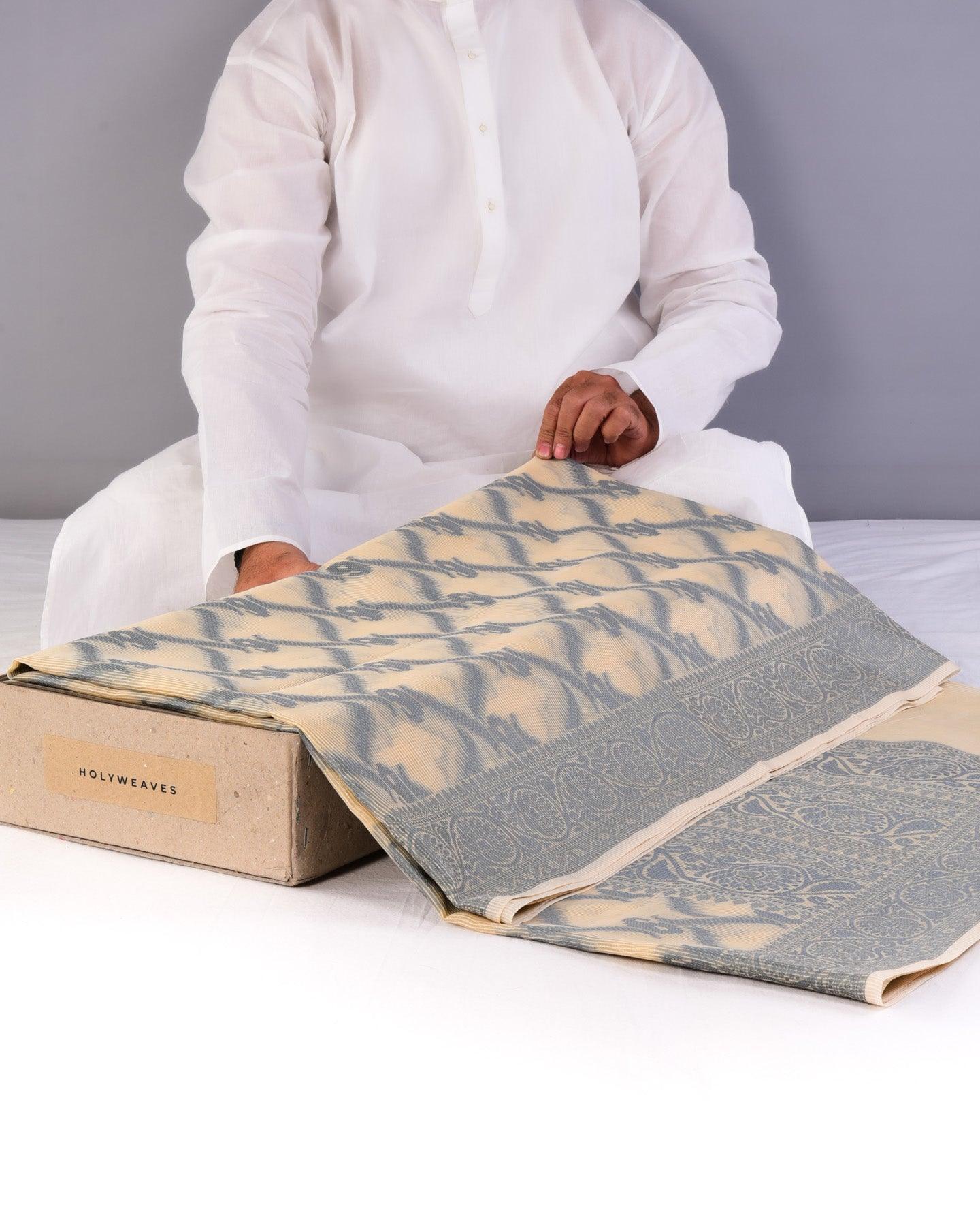 Cream with Gray Banarasi Resham Jaal Cutwork Brocade Woven Art Cotton Silk Saree - By HolyWeaves, Benares