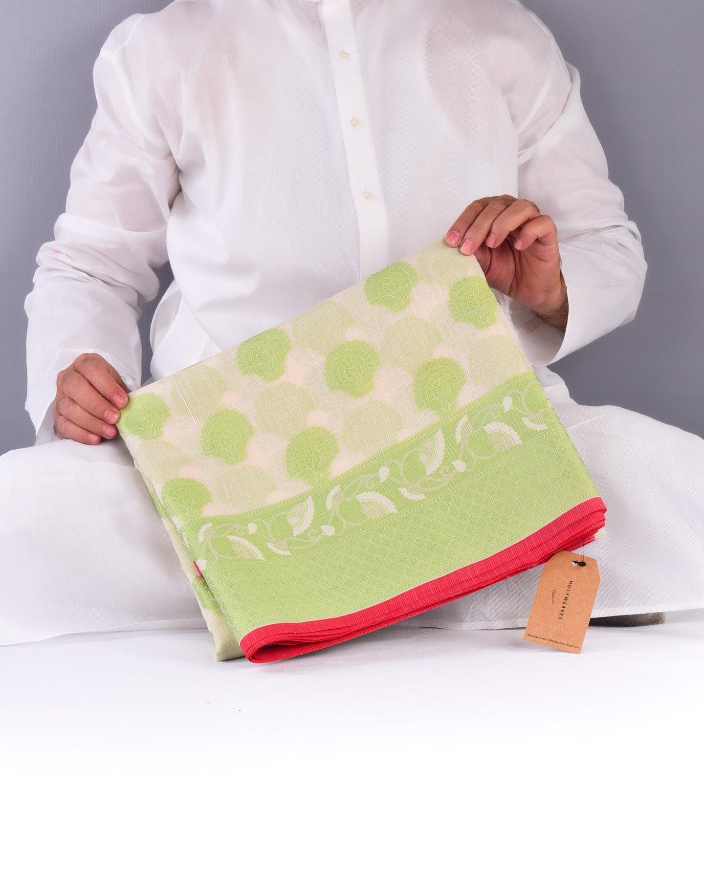 Cream with Green Banarasi Kota Check Resham Buta Cutwork Brocade Woven Art Cotton Silk Saree - By HolyWeaves, Benares