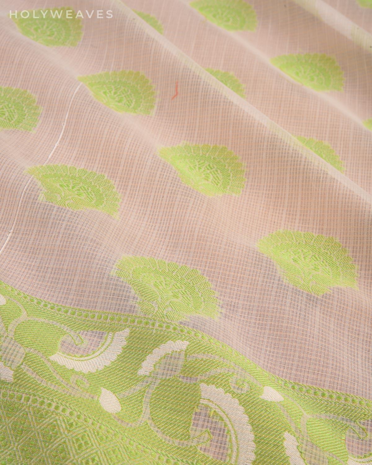 Cream with Green Banarasi Kota Check Resham Buta Cutwork Brocade Woven Art Cotton Silk Saree - By HolyWeaves, Benares