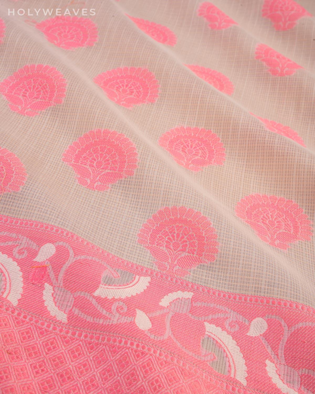 Cream with Pink Banarasi Kota Check Resham Buta Cutwork Brocade Woven Art Cotton Silk Saree - By HolyWeaves, Benares