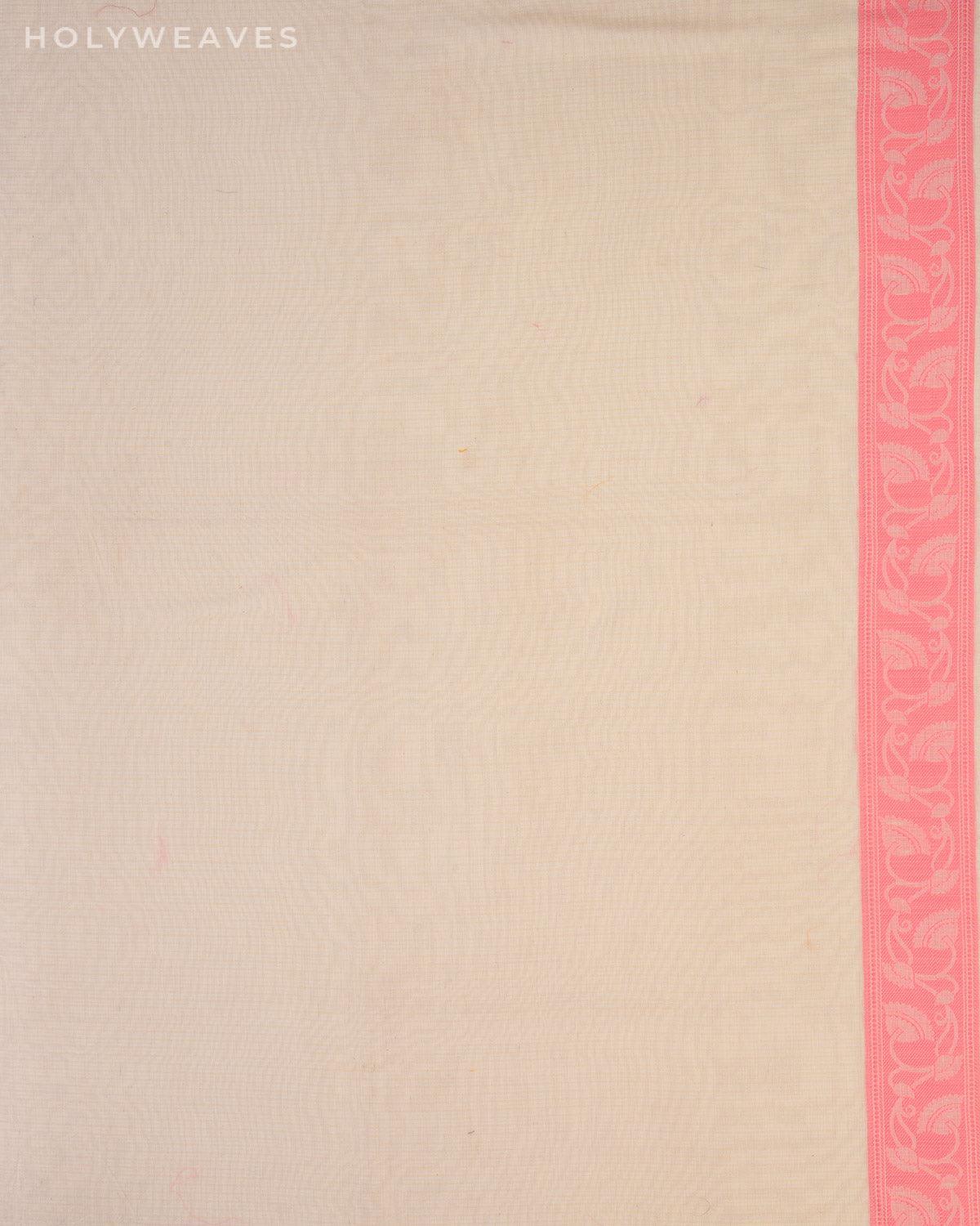 Cream with Pink Banarasi Kota Check Resham Buta Cutwork Brocade Woven Art Cotton Silk Saree - By HolyWeaves, Benares