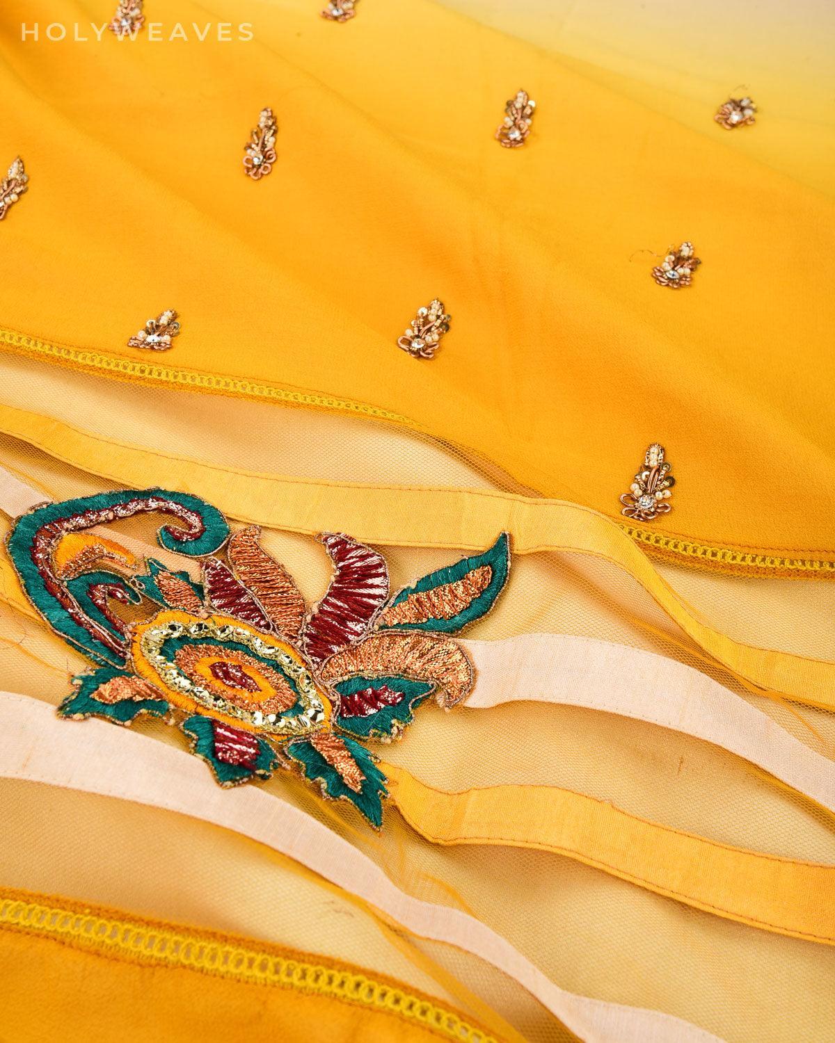 Cream-Yellow Hand-embroidered Georgette Saree - By HolyWeaves, Benares