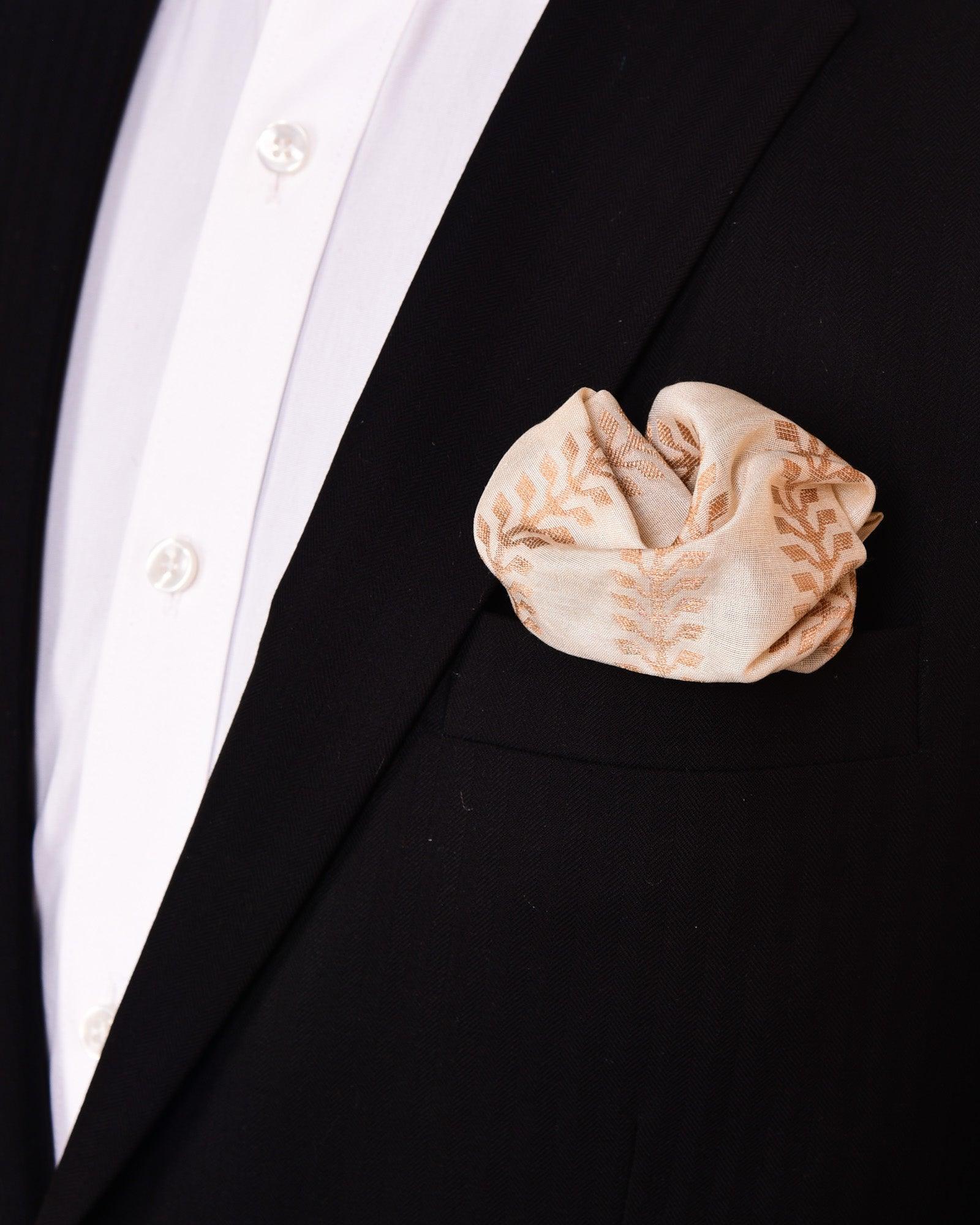 Cream Zari Brocade Handwoven Pure Silk Pocket Square For Men - By HolyWeaves, Benares