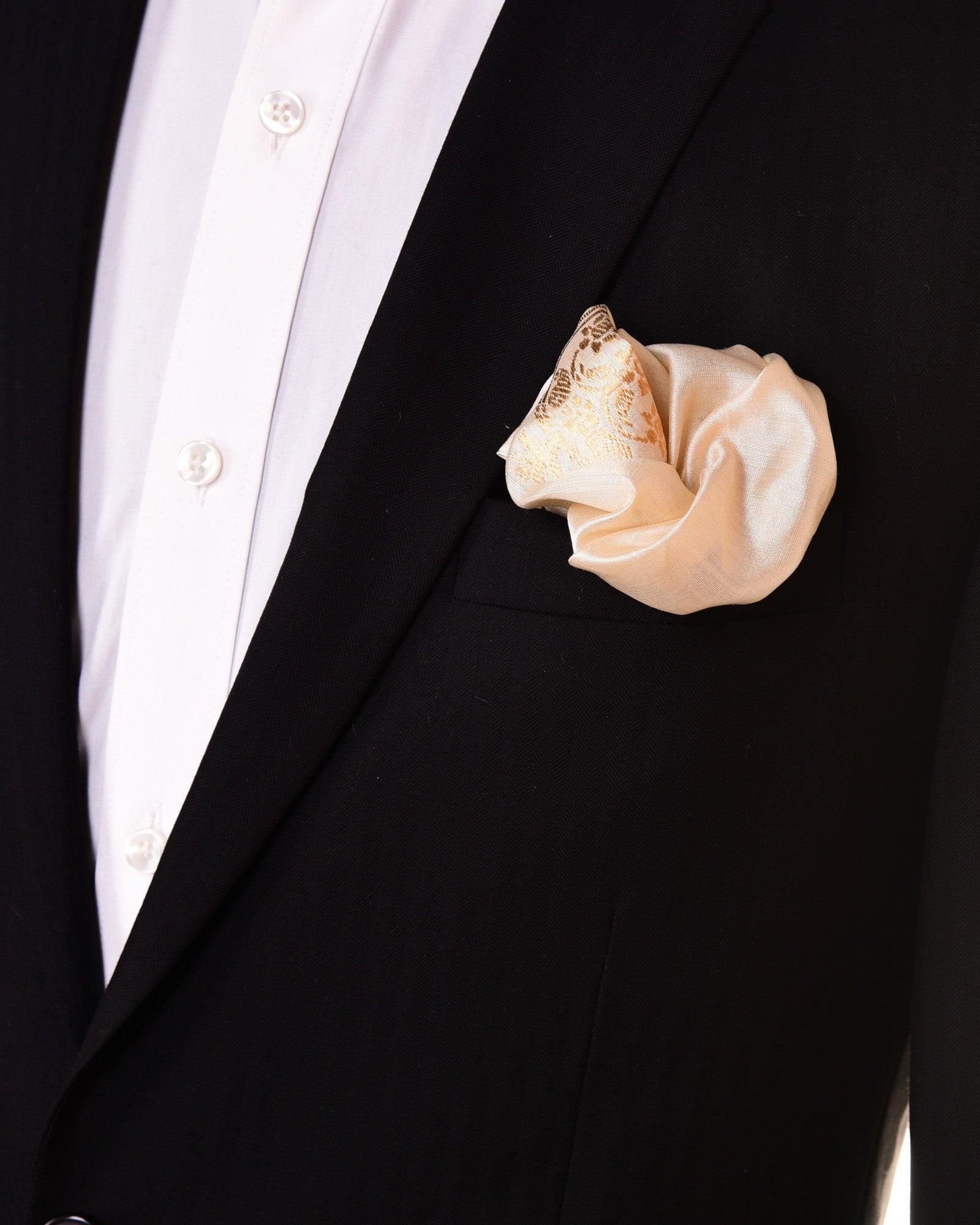 Cream Zari Brocade Handwoven Pure Silk Pocket Square For Men - By HolyWeaves, Benares
