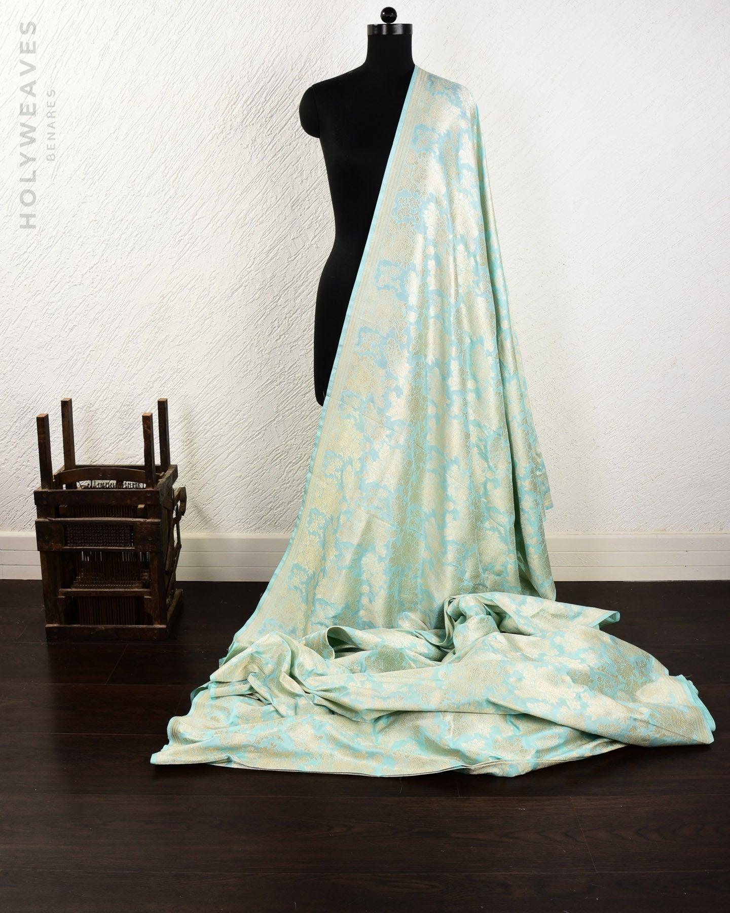 Cyan Blue Banarasi Gold Zari Gulab Jaal Cutwork Brocade Handwoven Katan Silk Fabric - By HolyWeaves, Benares