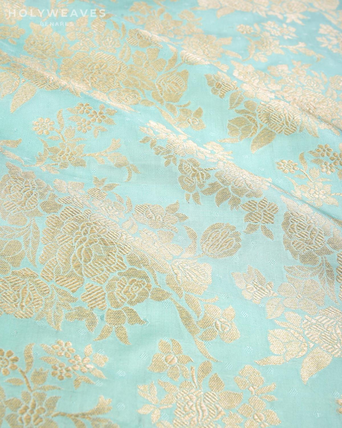 Cyan Blue Banarasi Gold Zari Gulab Jaal Cutwork Brocade Handwoven Katan Silk Fabric - By HolyWeaves, Benares