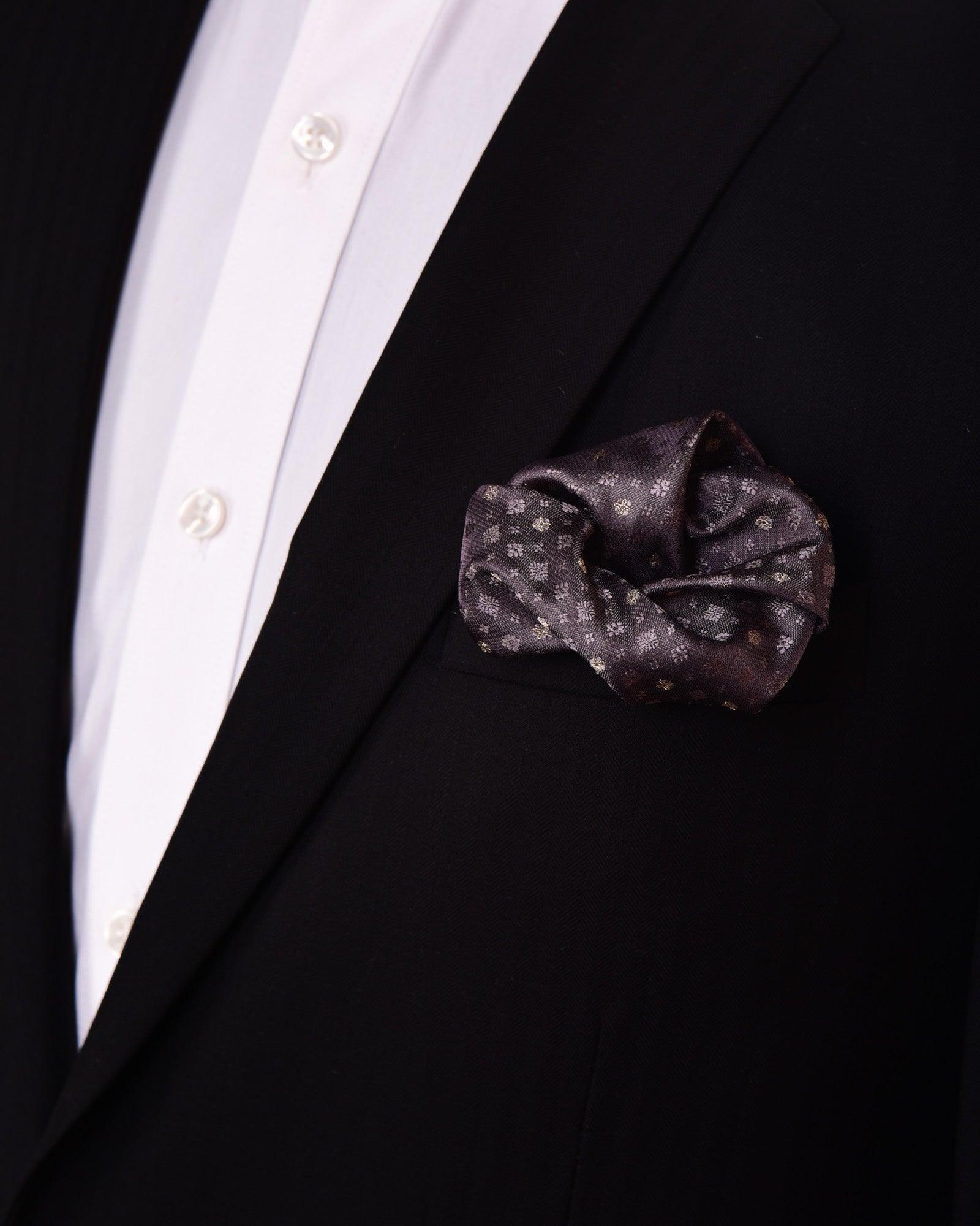 Dark Gray Tanchoi Brocade Handwoven Pure Silk Pocket Square For Men - By HolyWeaves, Benares