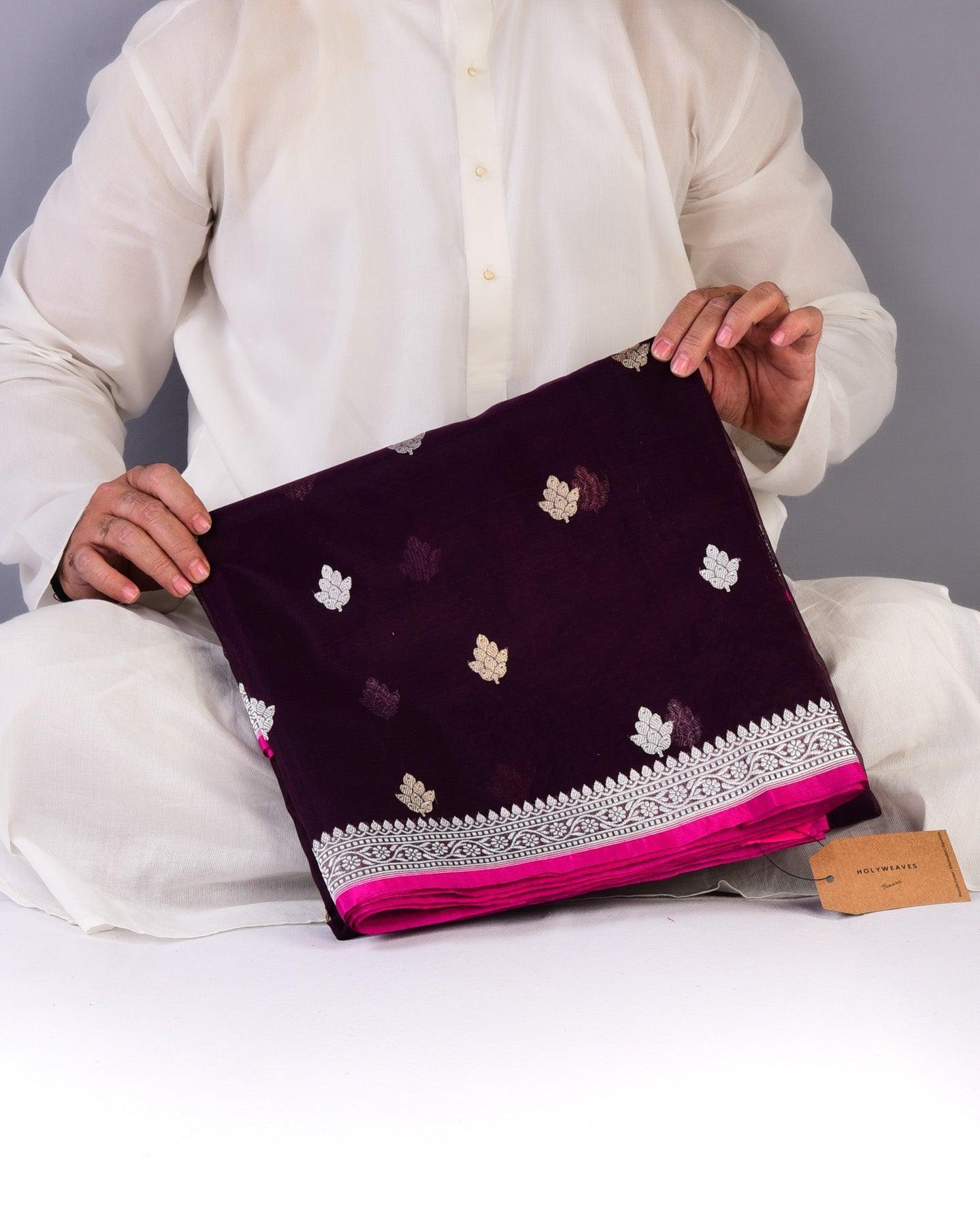 Deep Brown/Maroon Banarasi Buti Sona Rupa Kadhuan Brocade Handwoven Kora Silk Saree - By HolyWeaves, Benares