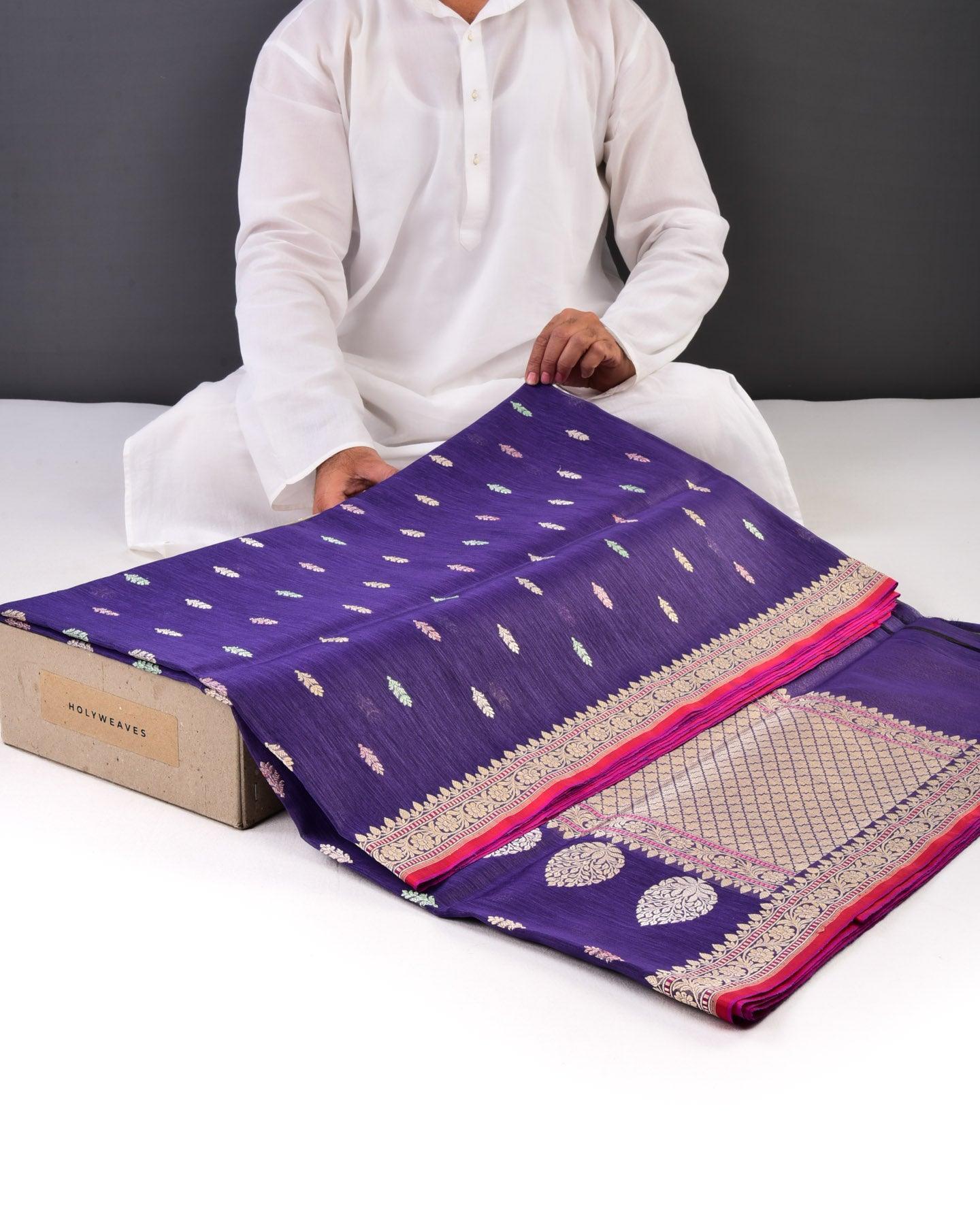 Deep Lilac Banarasi Colored Zari Buti Kadhuan Brocade Handwoven Linen Silk Saree with 2-tone Selvage - By HolyWeaves, Benares