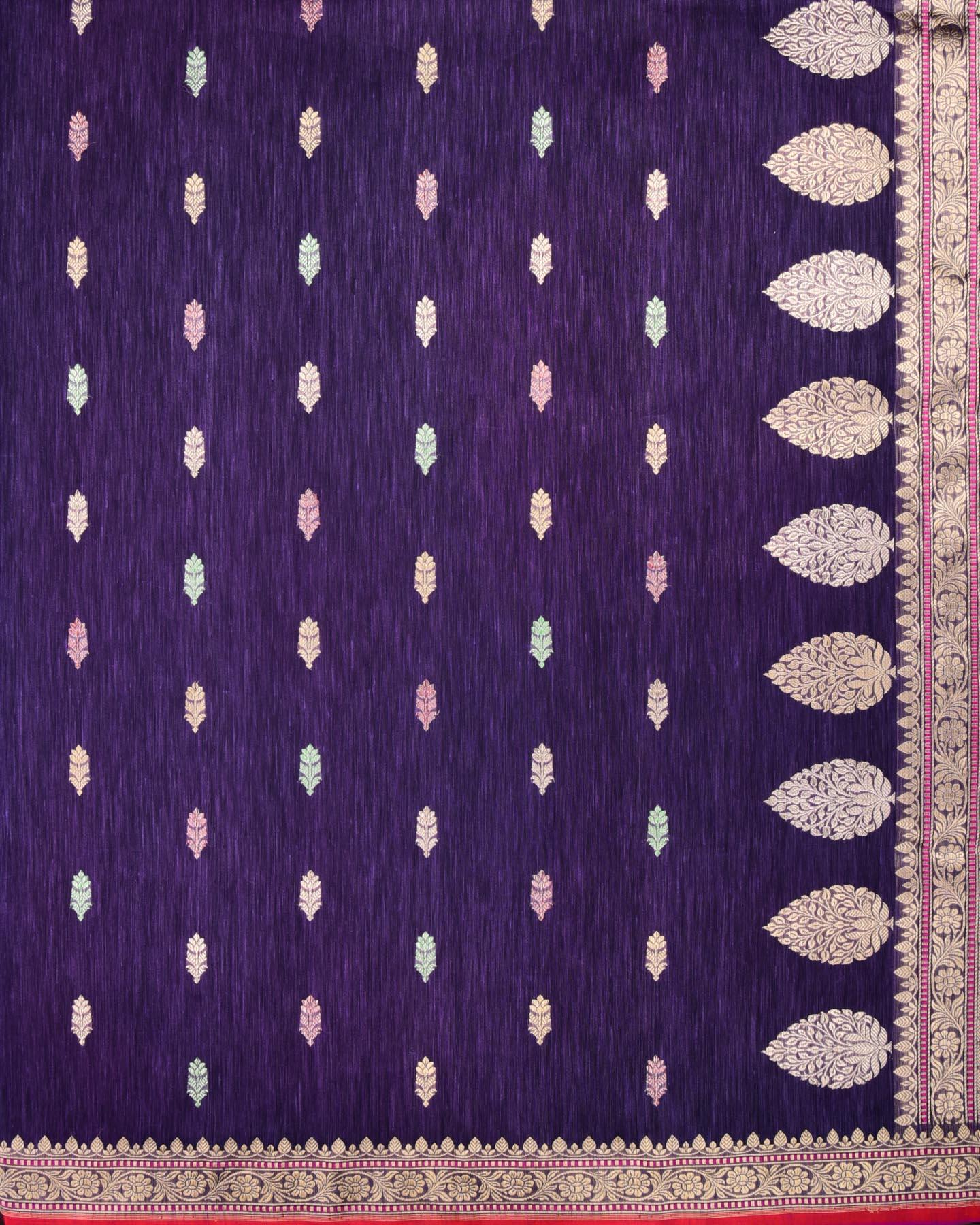Deep Lilac Banarasi Colored Zari Buti Kadhuan Brocade Handwoven Linen Silk Saree with 2-tone Selvage - By HolyWeaves, Benares