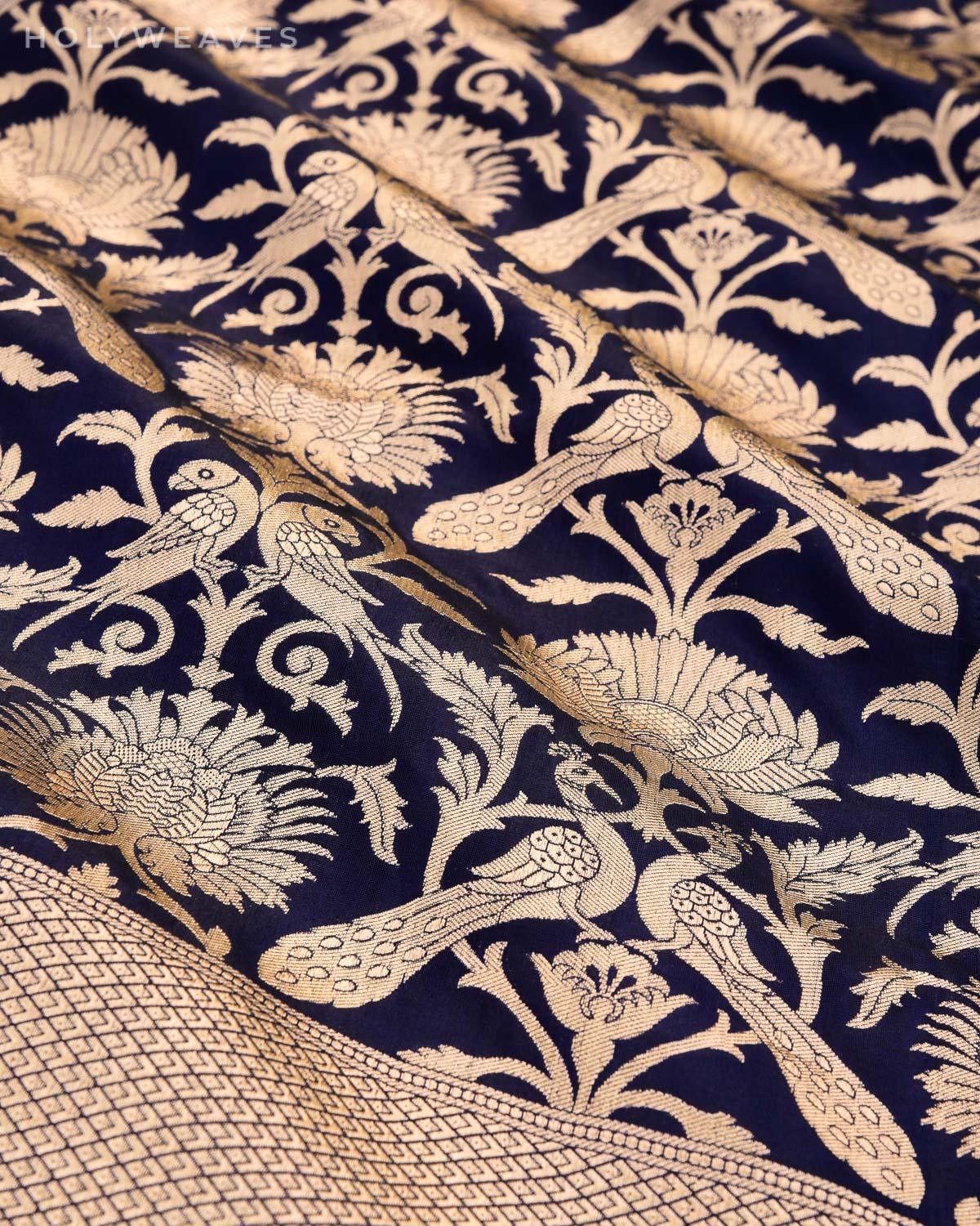 Deep Navy Blue Banarasi Peacock & Parrot Cutwork Brocade Handwoven Katan Silk Dupatta - By HolyWeaves, Benares