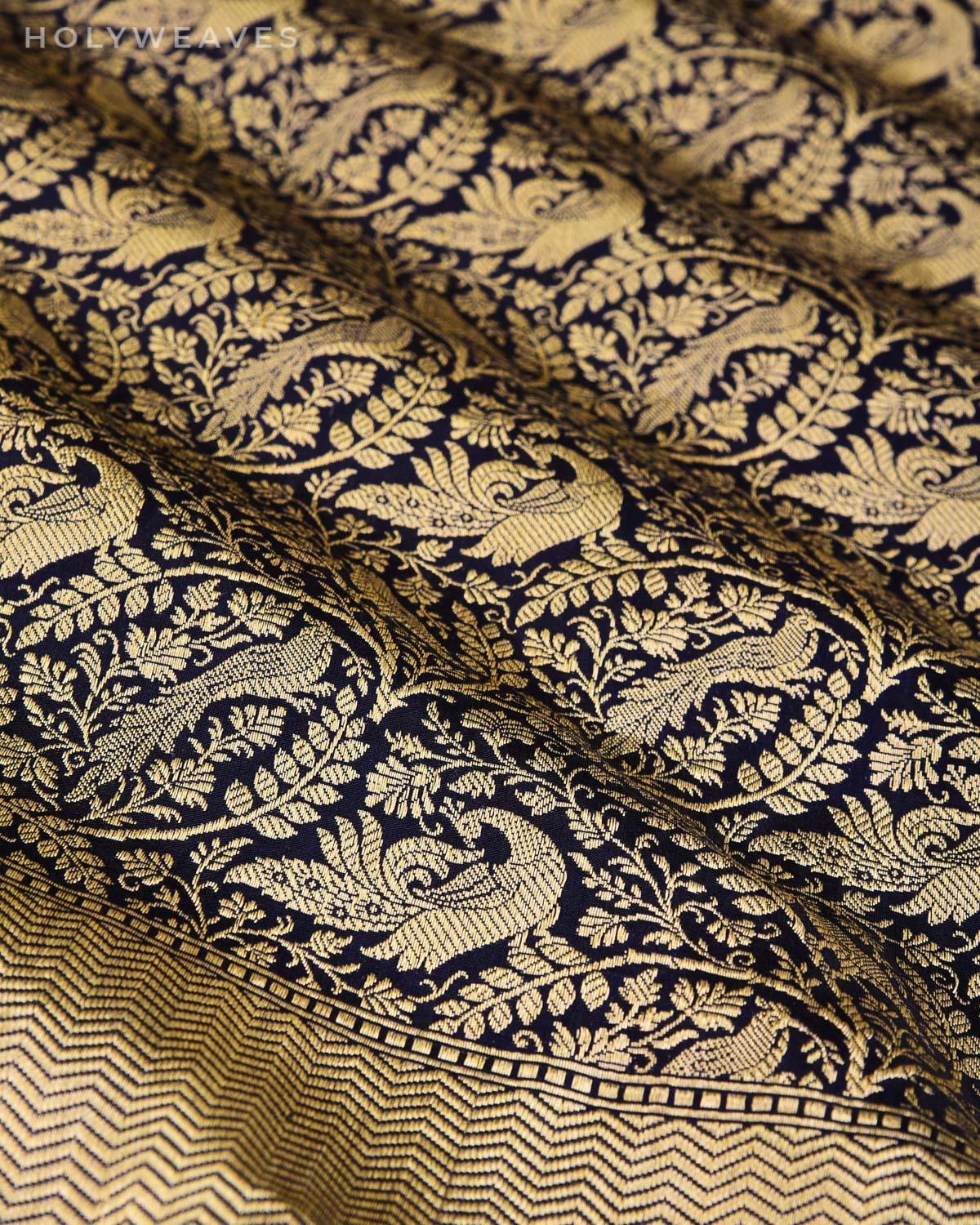 Deep Navy Blue Banarasi Shikargah Brocade Handwoven Katan Silk Dupatta - By HolyWeaves, Benares