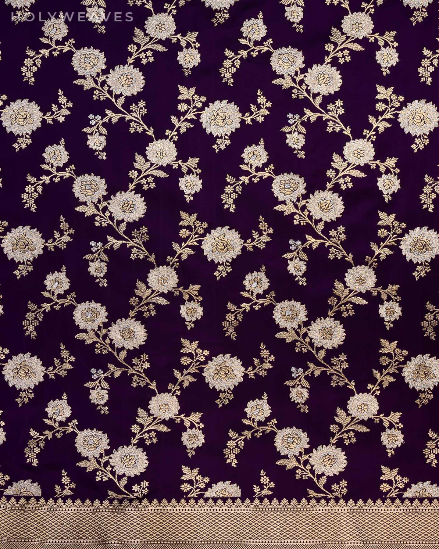 Deep Purple Banarasi Alfi Sona Rupa Jaal All-over Kadhuan Brocade Handwoven Katan Silk Saree - By HolyWeaves, Benares