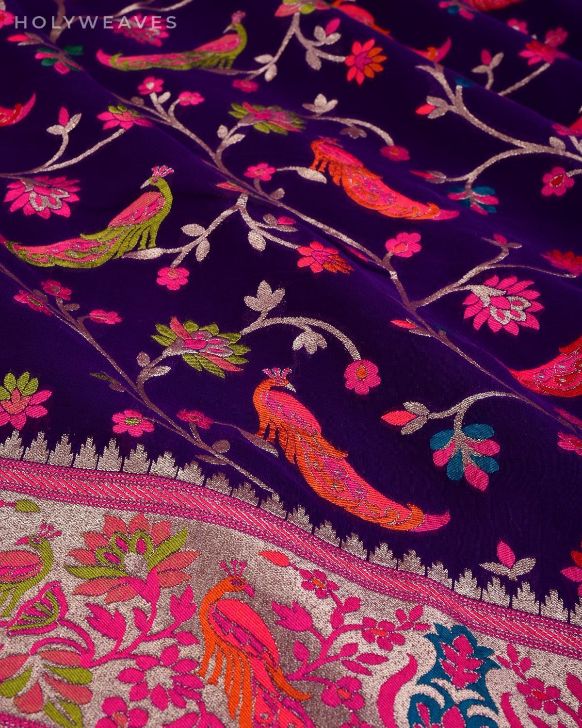 Deep Purple Banarasi Peacock Shikargah Cutwork Brocade Handwoven Khaddi Georgette Saree - By HolyWeaves, Benares