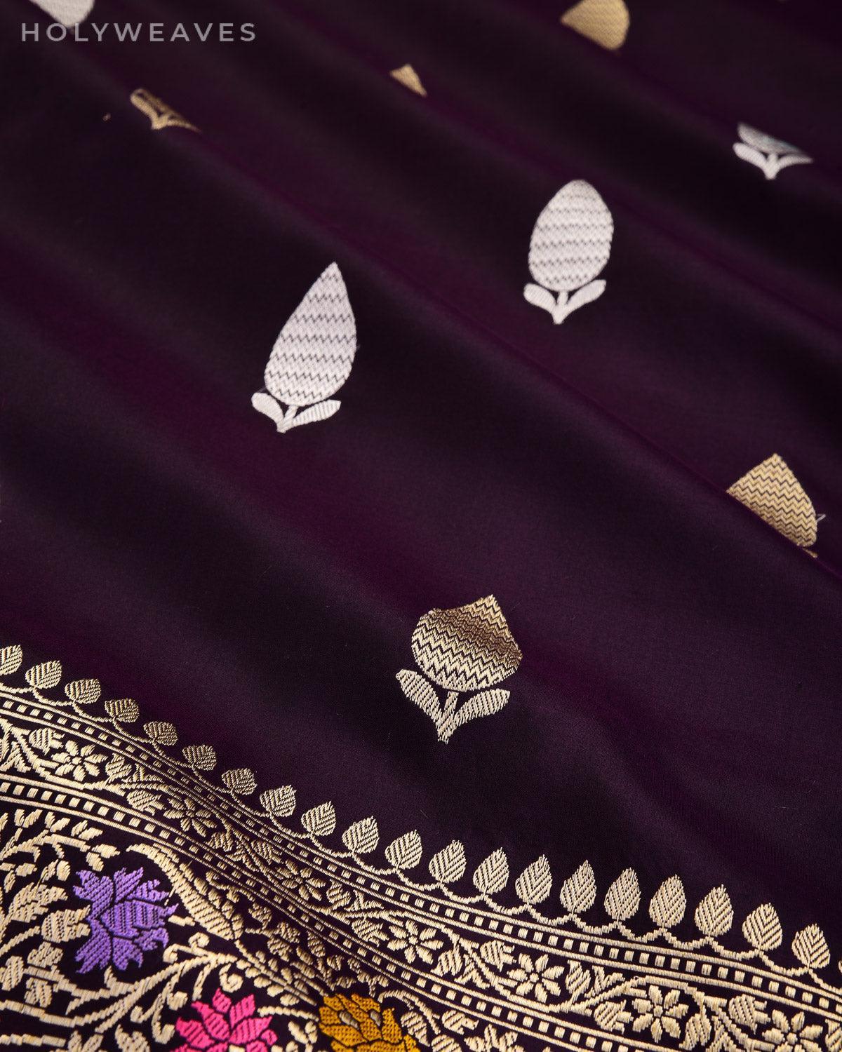 Deep Purple Kadhuan Brocade Handwoven Katan Silk Saree with Meenekari Border Pallu - By HolyWeaves, Benares