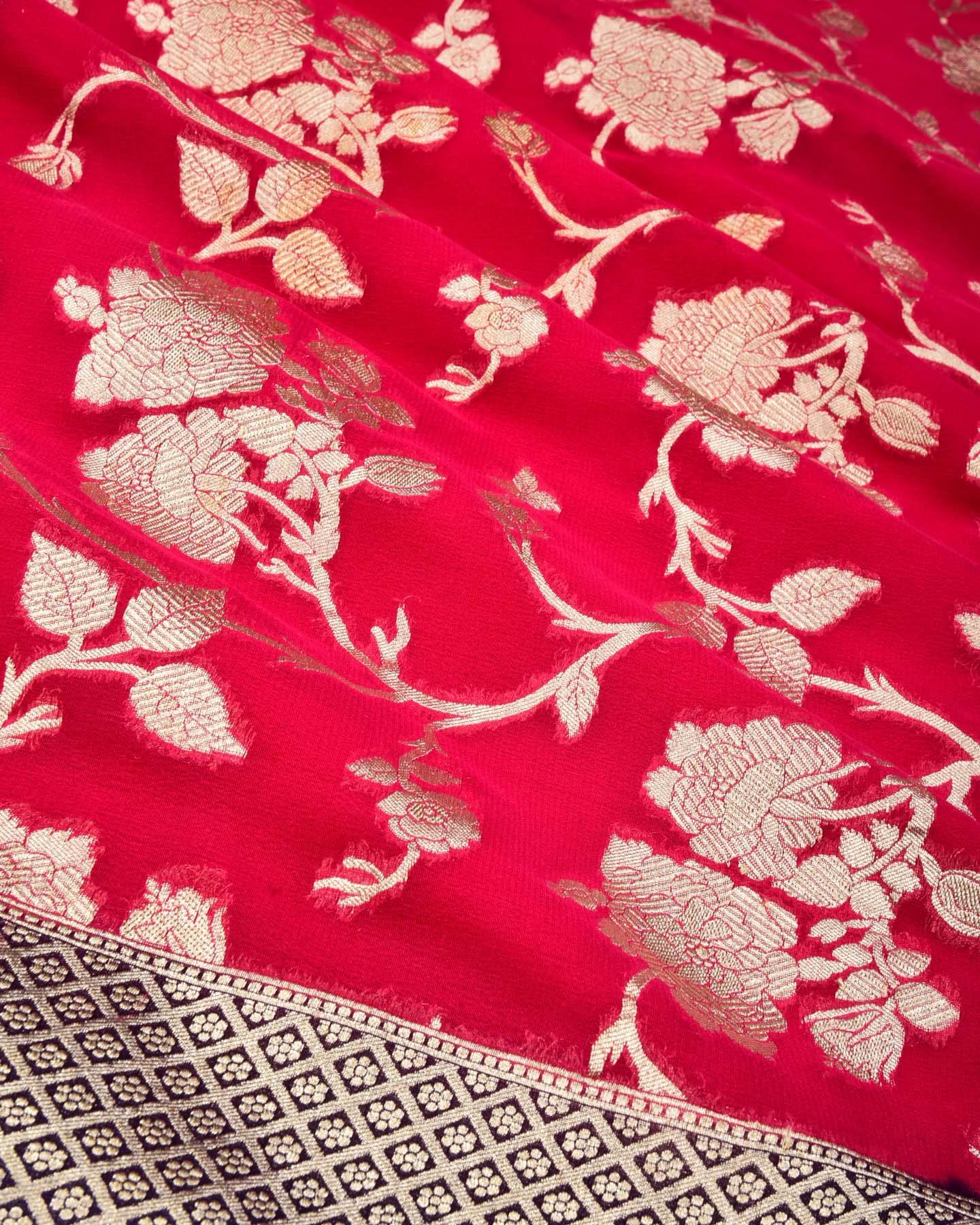 Deep Rani Pink Banarasi Gold Zari Gulab Jaal Cutwork Brocade Handwoven Khaddi Georgette Saree with Purple Border Palllu - By HolyWeaves, Benares