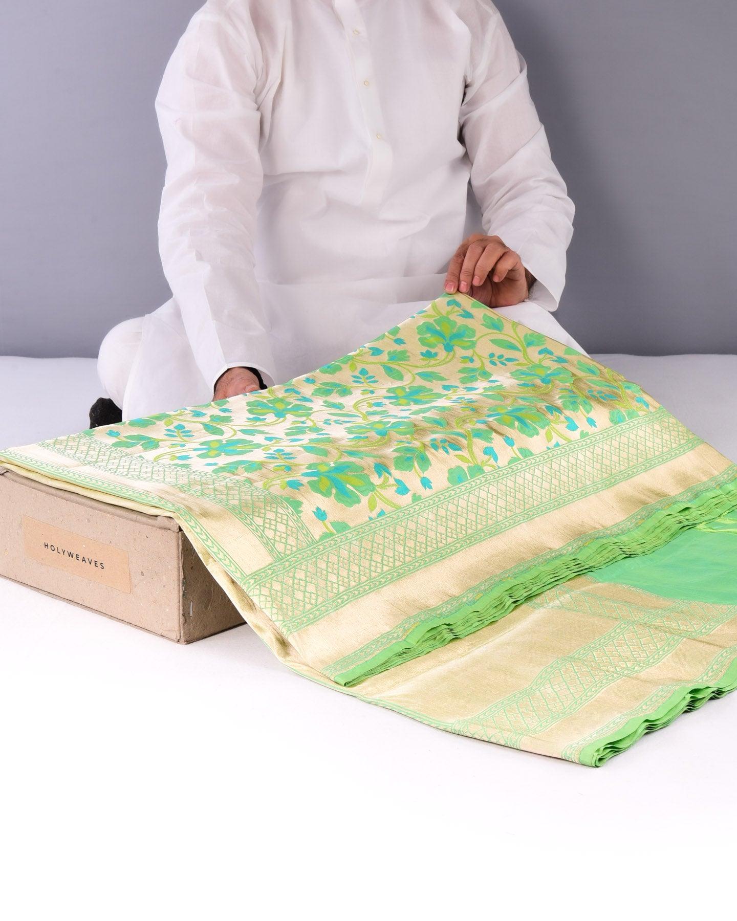 Dual Green Banarasi Tehra Meena Cutwork Brocade Handwoven Katan Silk Saree - By HolyWeaves, Benares