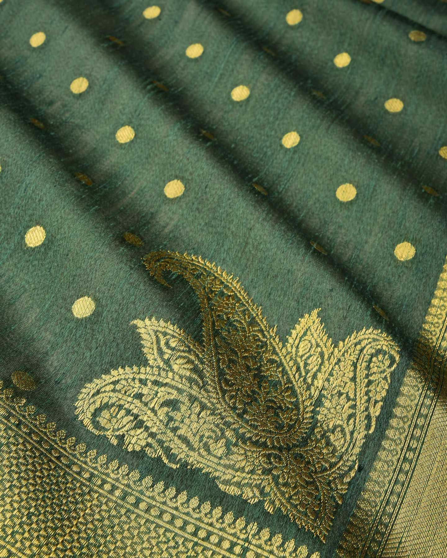 Dusty Bottle Green Banarasi Zari Polka Buti Cutwork Brocade Handwoven Raw Silk Saree with Koniya Buta - By HolyWeaves, Benares