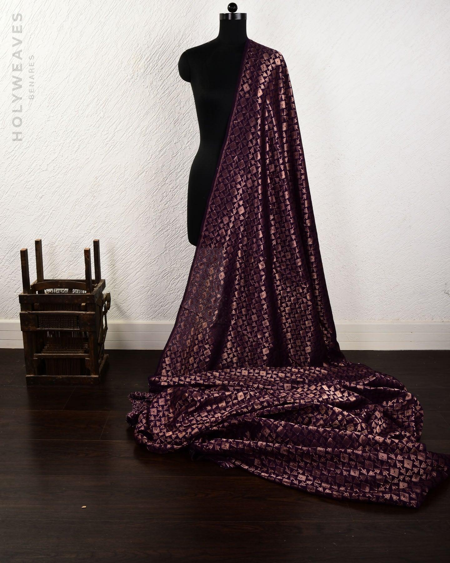 Dusty Purple Banarasi Geometric Cutwork Brocade Woven Cotton Silk Fabric - By HolyWeaves, Benares