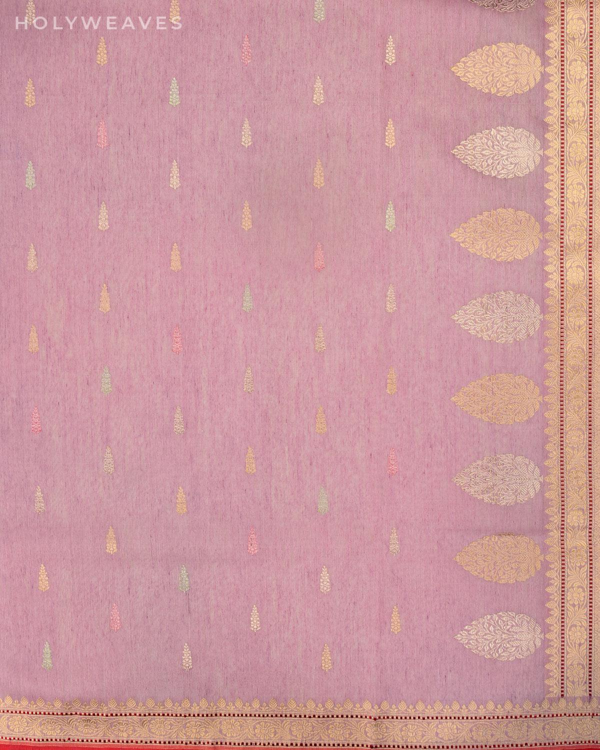 English Lavender Banarasi Colored Zari Buti Kadhuan Brocade Handwoven Linen Silk Saree - By HolyWeaves, Benares