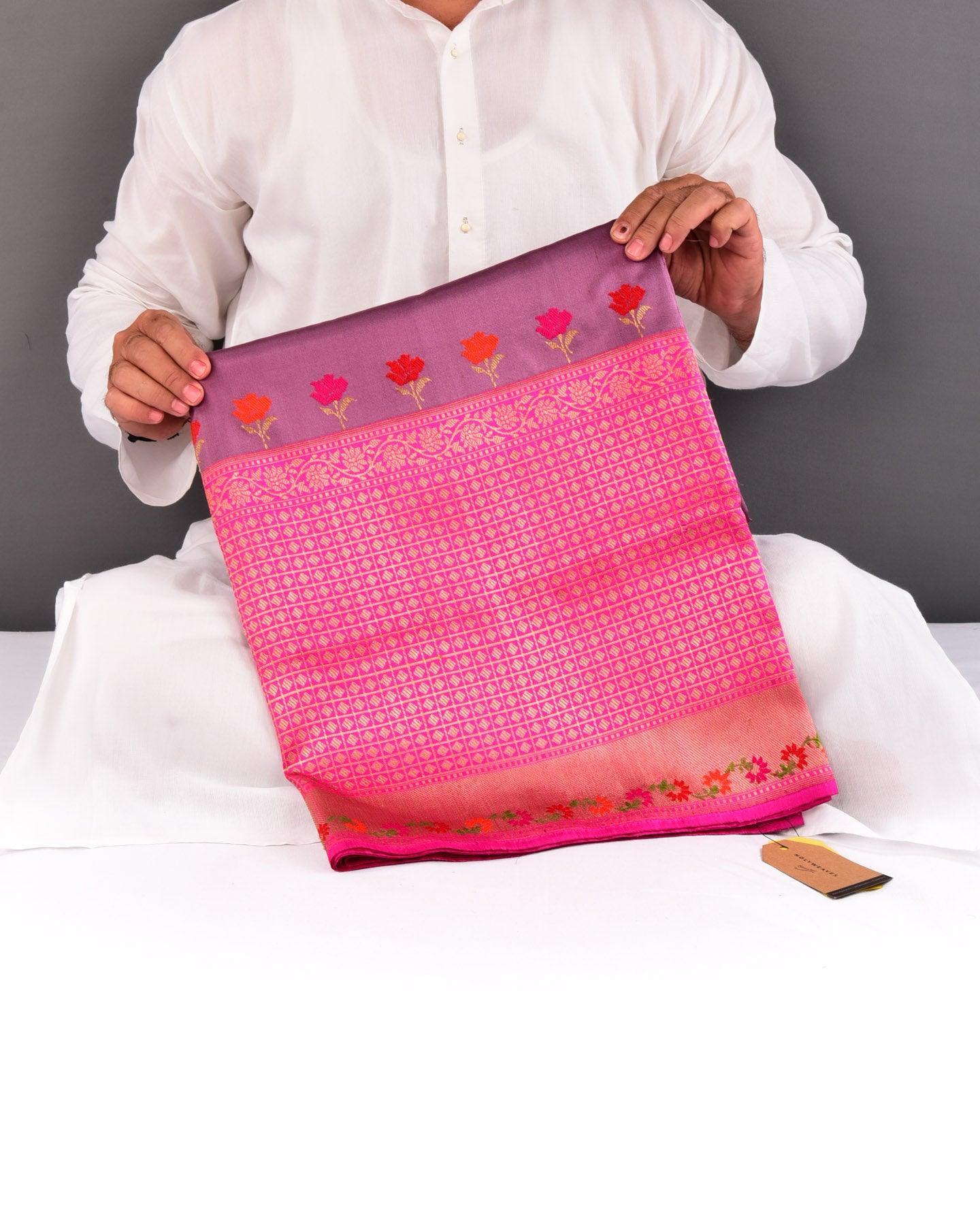 English Lavender Banarasi Kadhuan Brocade Handwoven Katan Silk Saree with Kadiyal Pink Border - By HolyWeaves, Benares