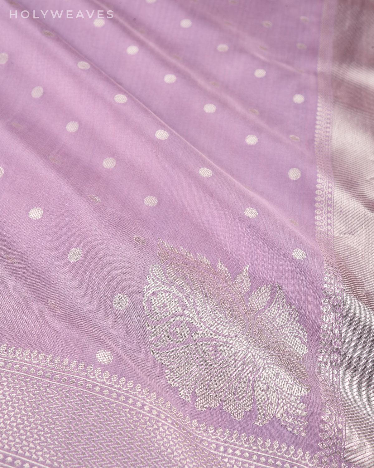 English Lavender Banarasi Silver Polka Buti Cutwork Brocade Handwoven Katan Silk Saree with Koniya Kairi Buta - By HolyWeaves, Benares