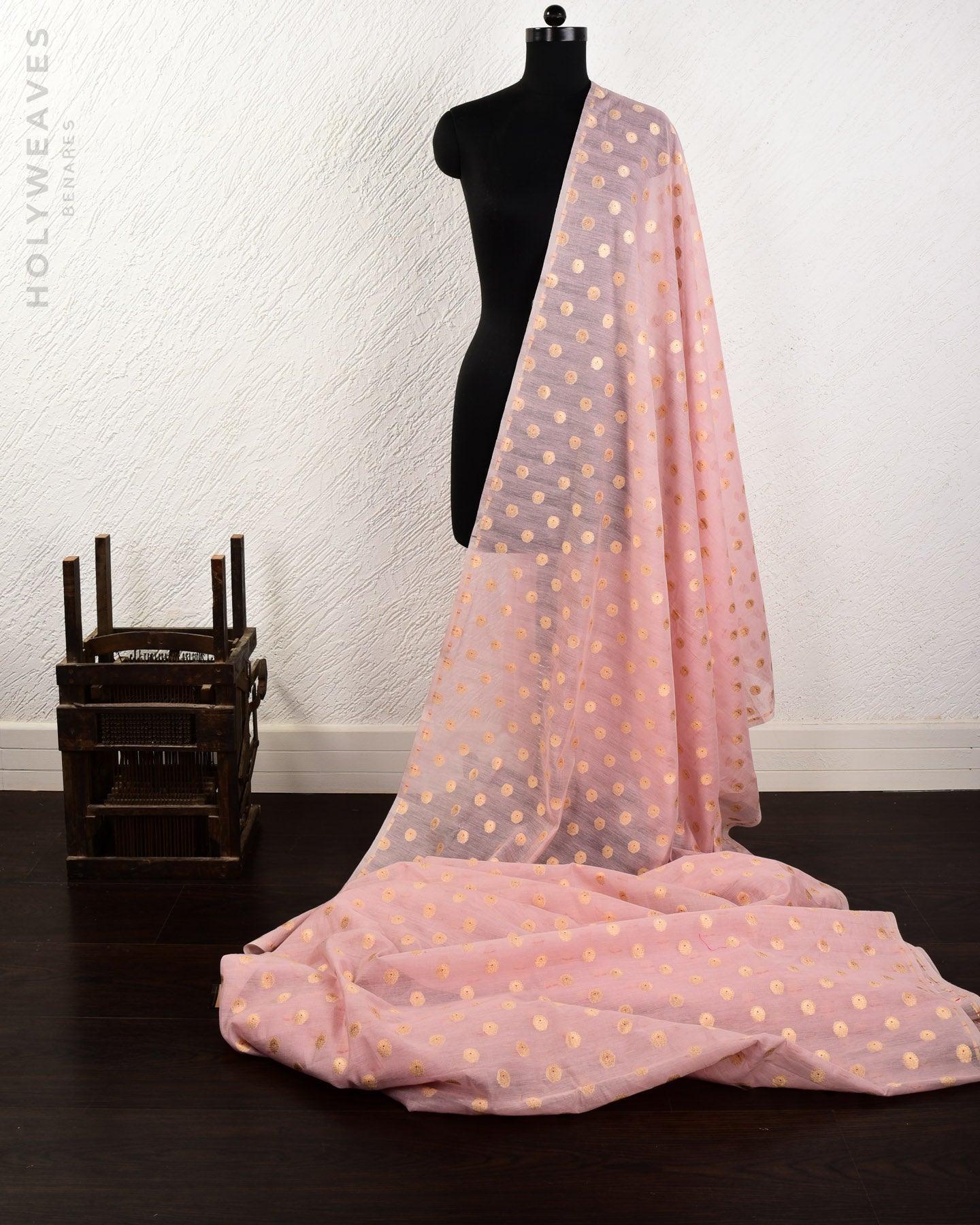 English Lavender Banarasi Silver Zari & Red Resham Alfi Buti Cutwork Brocade Handwoven Cotton Silk Fabric - By HolyWeaves, Benares