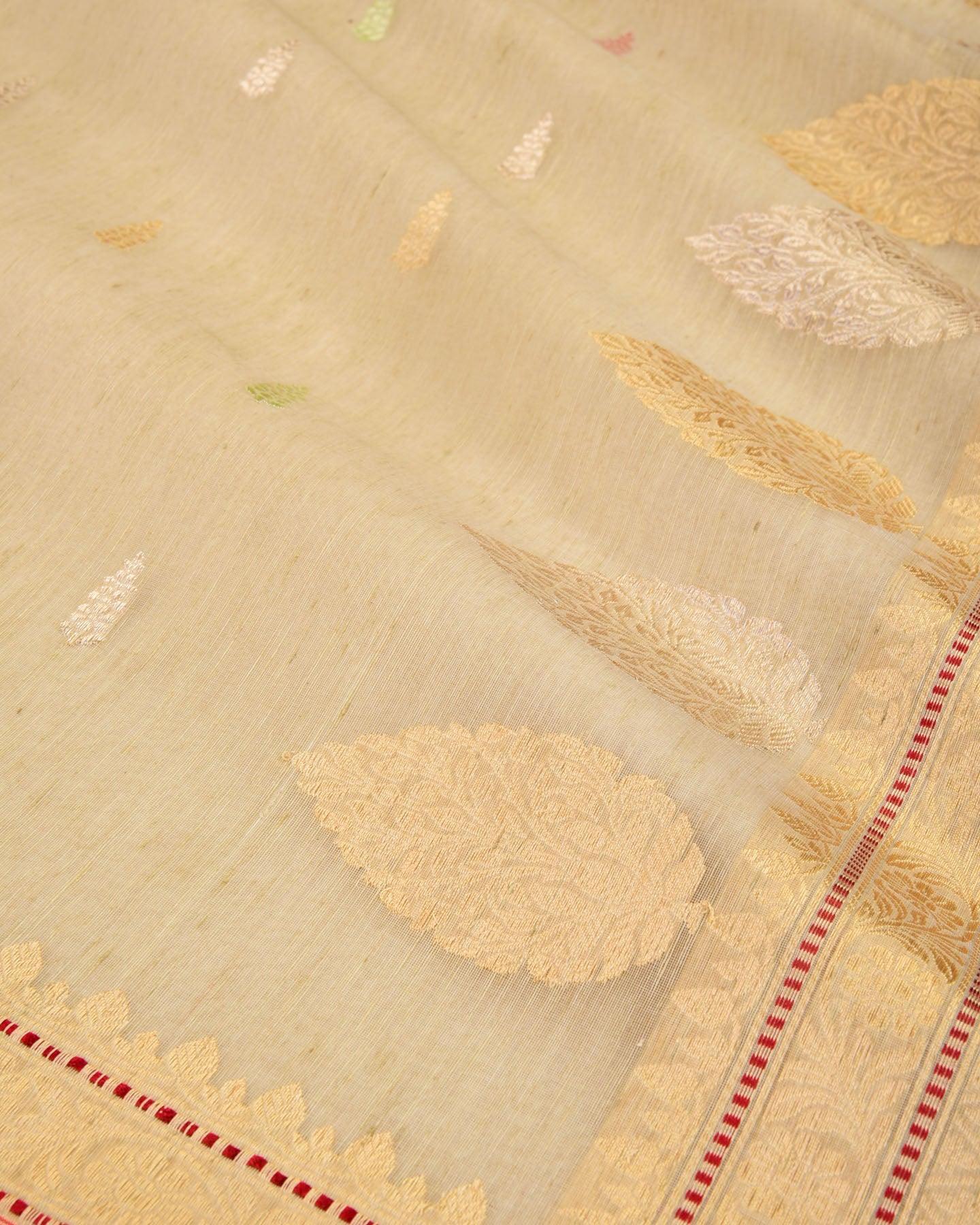 Farm Beige Banarasi Colored Zari Buti Kadhuan Brocade Handwoven Linen Silk Saree - By HolyWeaves, Benares