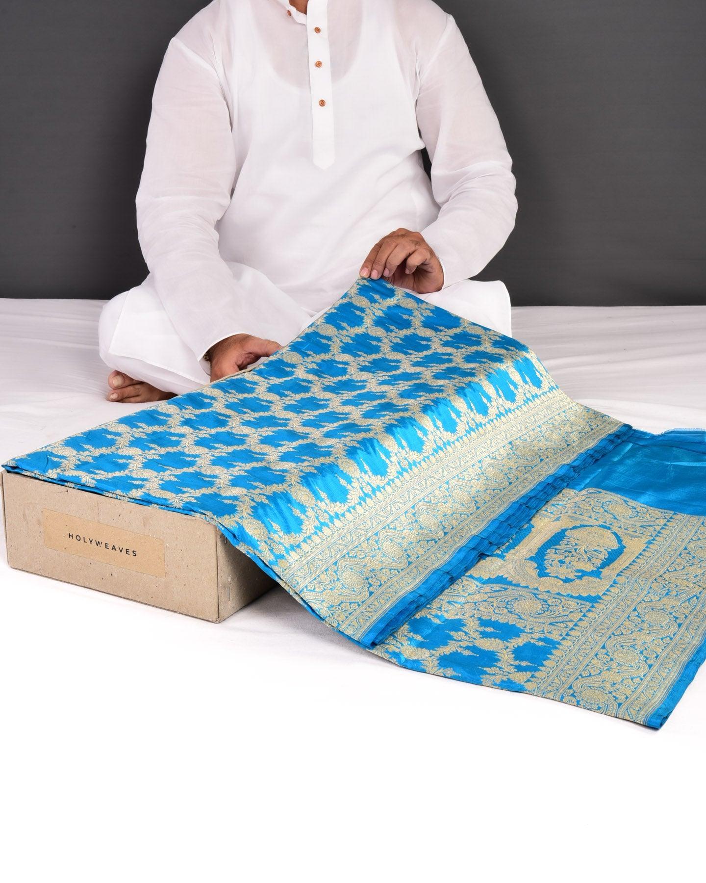 Ferozi Banarasi Foral Jangla Sona Zari Cutwork Brocade Handwoven Katan Silk Saree - By HolyWeaves, Benares