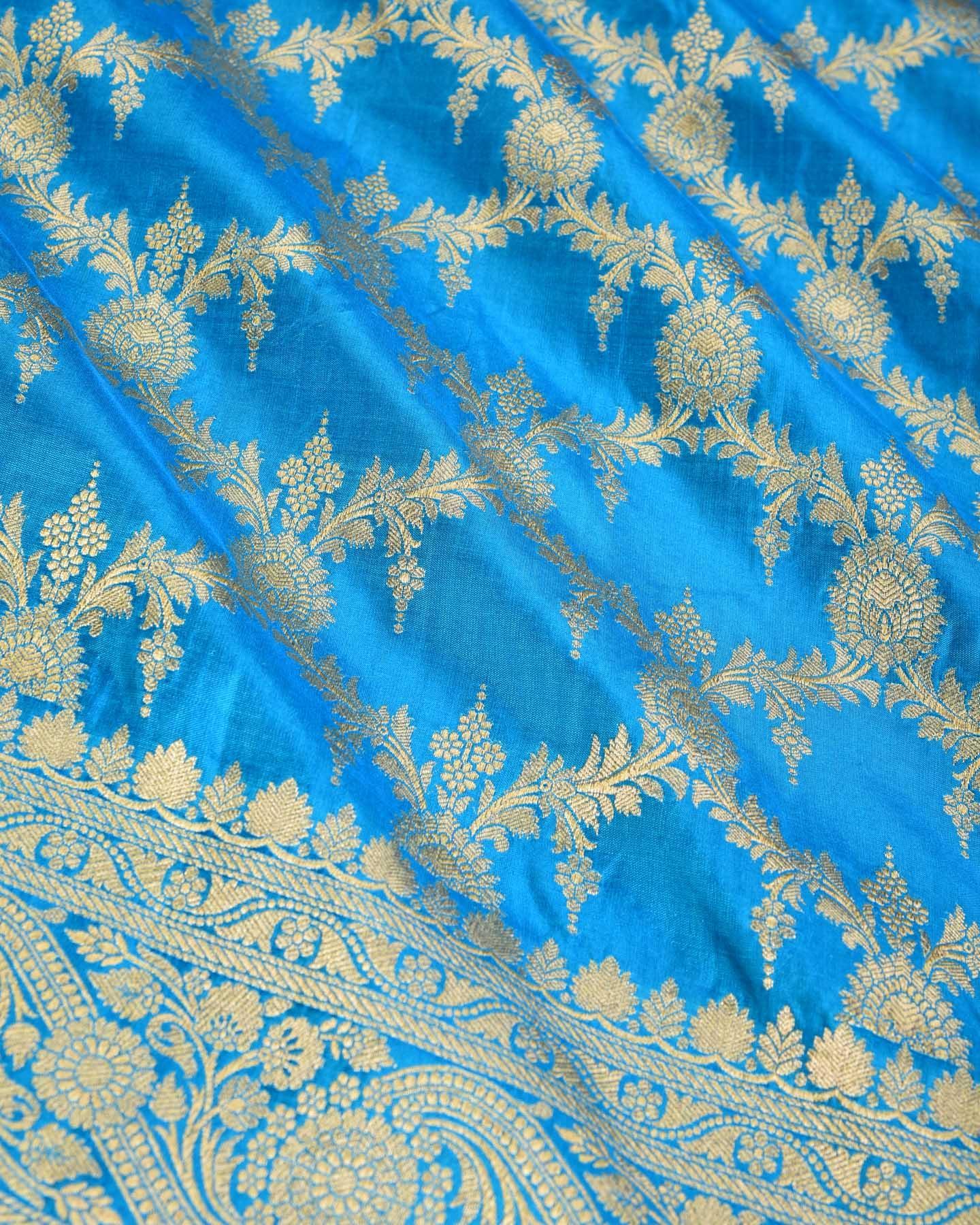 Ferozi Banarasi Foral Jangla Sona Zari Cutwork Brocade Handwoven Katan Silk Saree - By HolyWeaves, Benares
