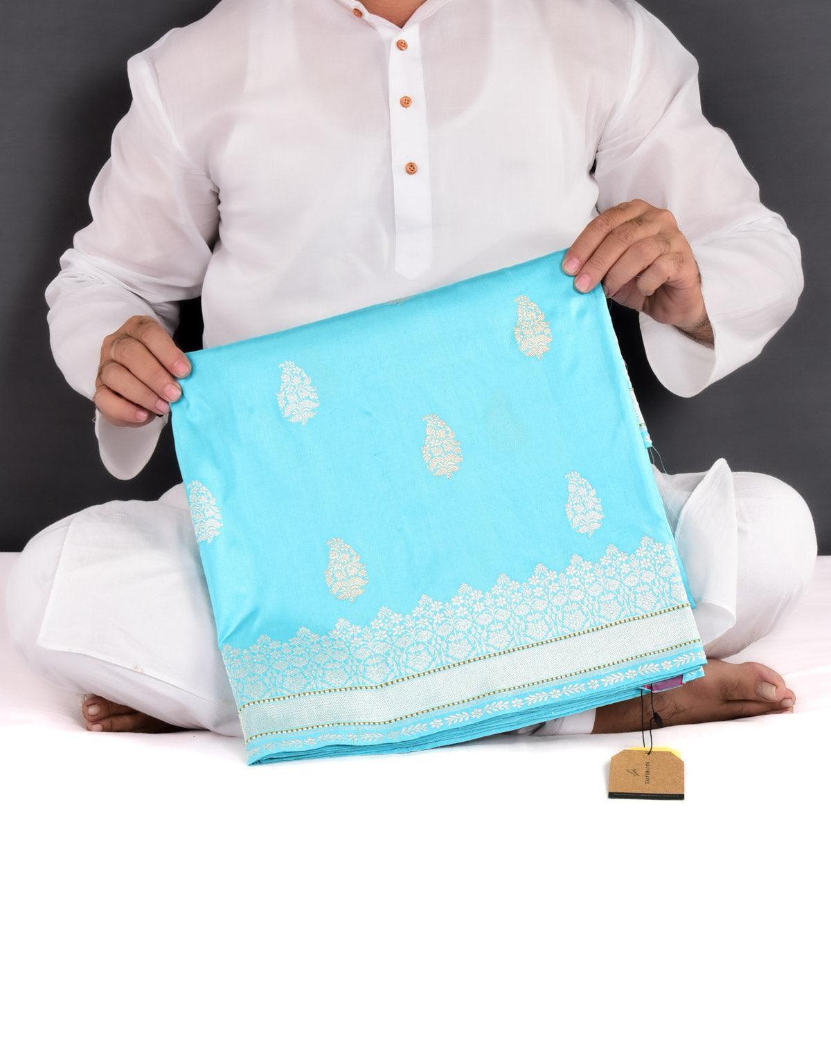 Ferozi Banarasi Gold & Silver Zari Buti Kadhuan Brocade Handwoven Katan Silk Saree - By HolyWeaves, Benares