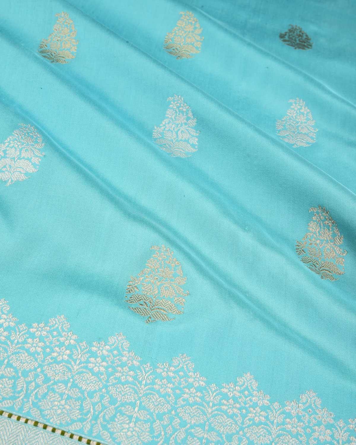 Ferozi Banarasi Gold & Silver Zari Buti Kadhuan Brocade Handwoven Katan Silk Saree - By HolyWeaves, Benares