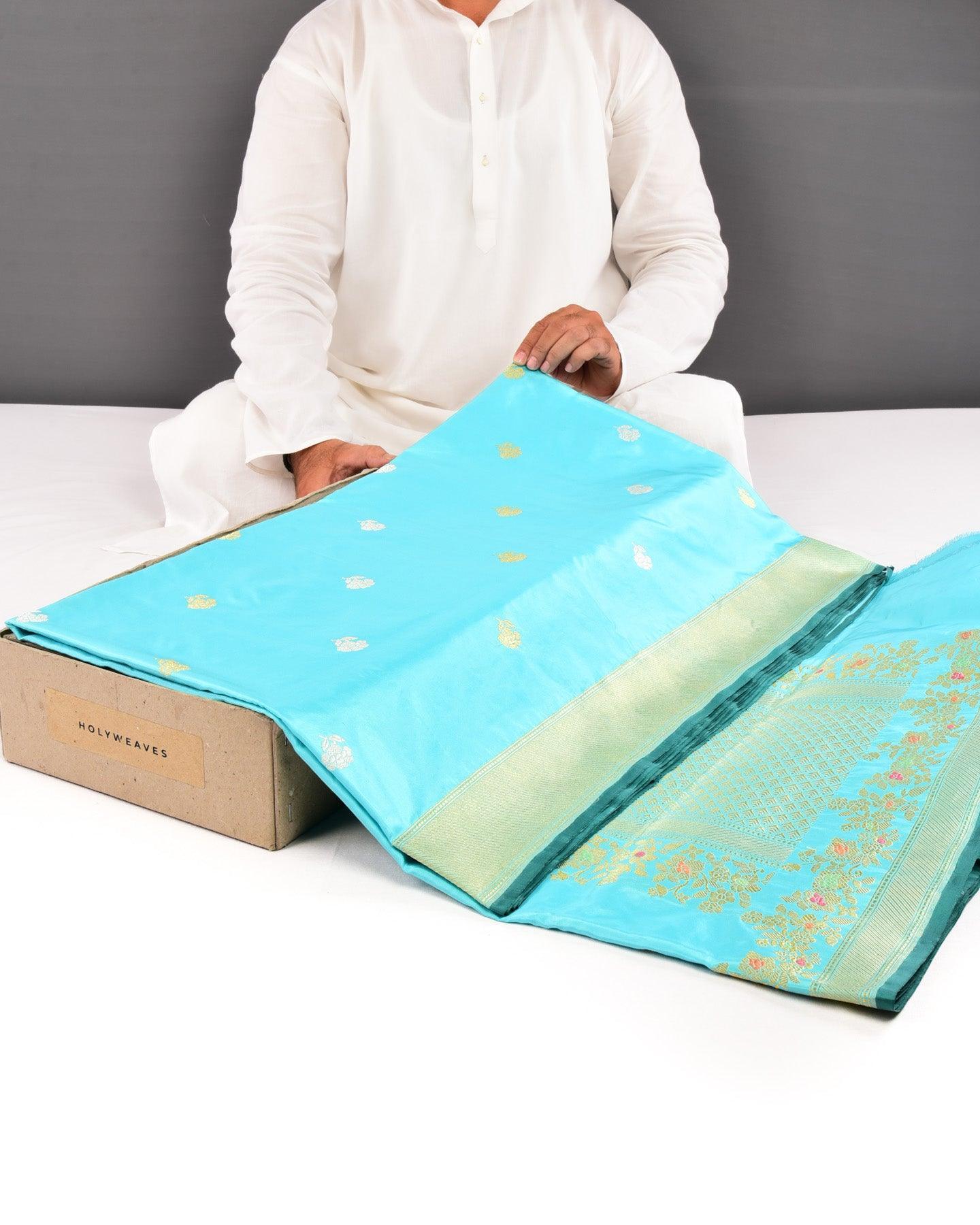Ferozi Banarasi Gulab Buti Alfi Sona Rupa Kadhuan Brocade Handwoven Katan Silk Saree with Meenekari Border Pallu - By HolyWeaves, Benares