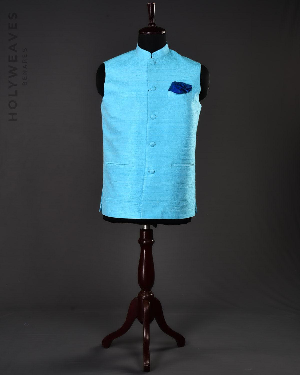 Ferozi Banarasi Textured Handwoven Raw Silk Mens Modi Jacket - By HolyWeaves, Benares