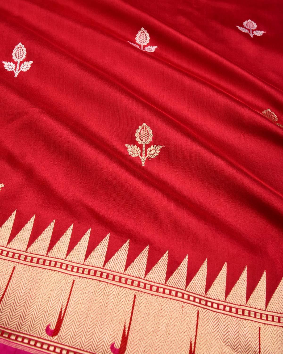 Festive Red Banarasi Kali Buti Kadhuan Brocade Handwoven Katan Silk Saree with Chhadi Brocade Border Pallu - By HolyWeaves, Benares