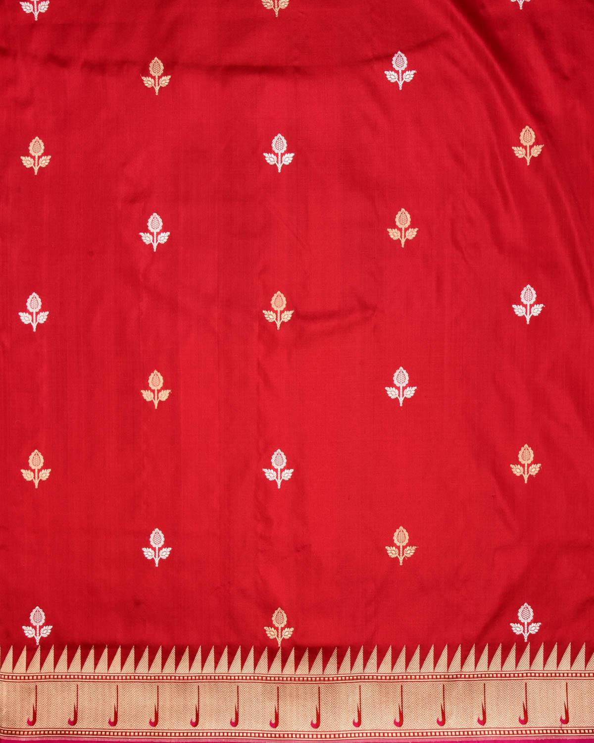 Festive Red Banarasi Kali Buti Kadhuan Brocade Handwoven Katan Silk Saree with Chhadi Brocade Border Pallu - By HolyWeaves, Benares
