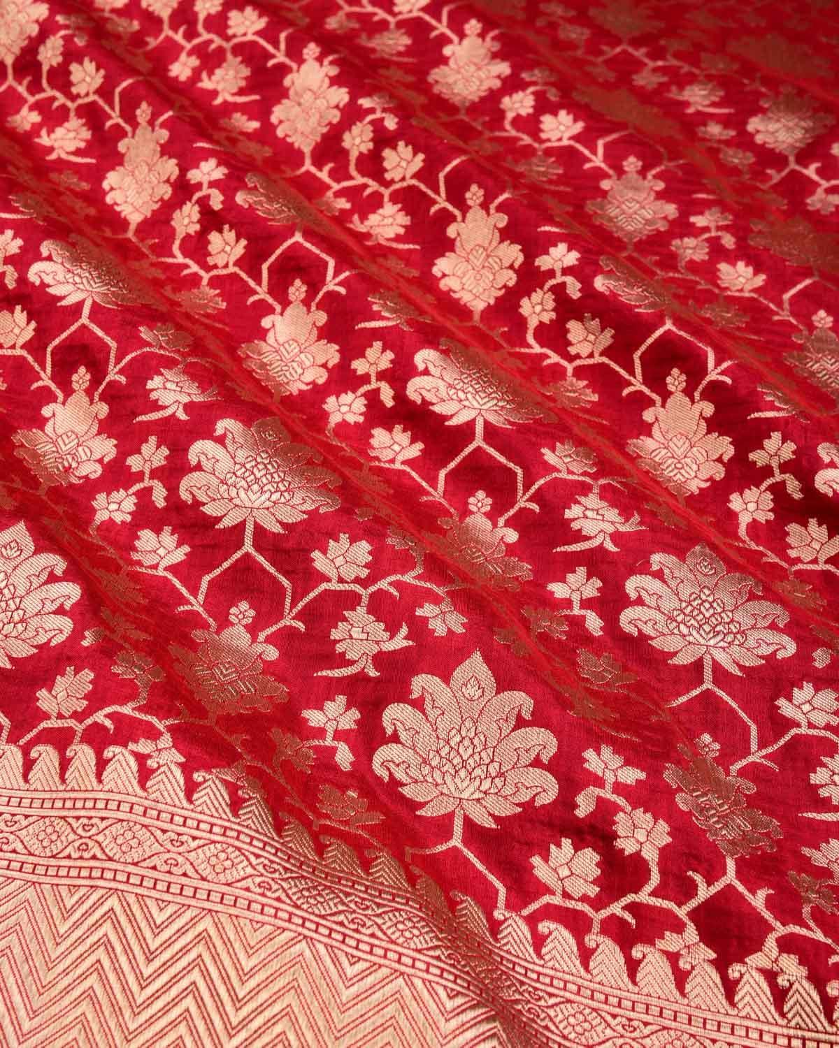 Festive Red Banarasi Maheen Jaal Gold Zari Cutwork Brocade Handwoven Katan Silk Saree - By HolyWeaves, Benares